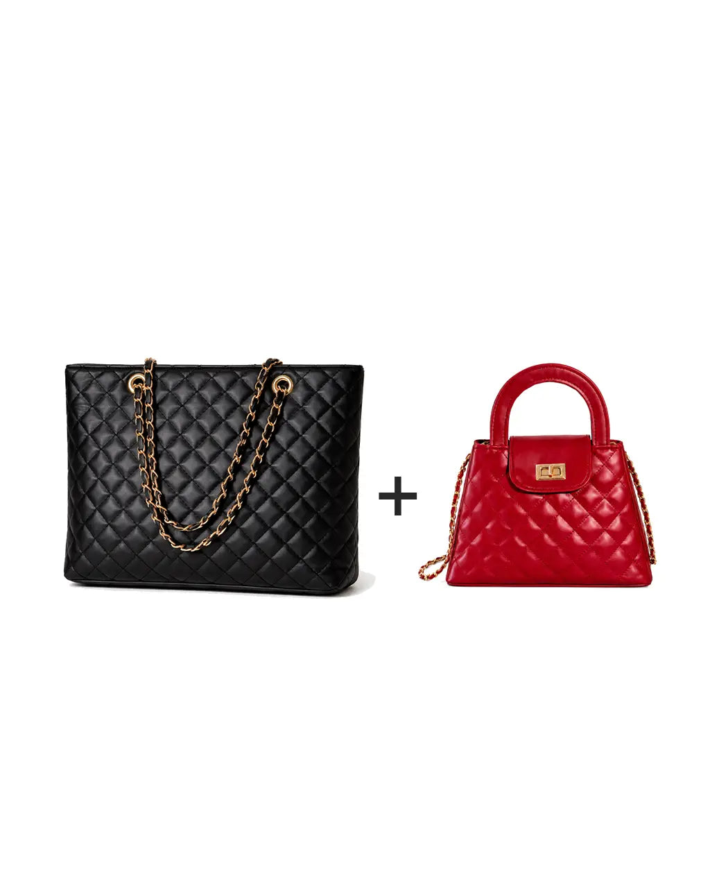 Classic Quilted Duo  Red Crossbody & Black Tote Combo - HBH