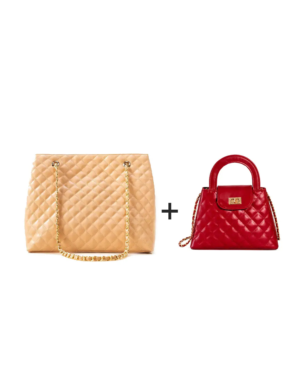 Classic Quilted Duo  Red Crossbody & Peach Tote Combo - HBH