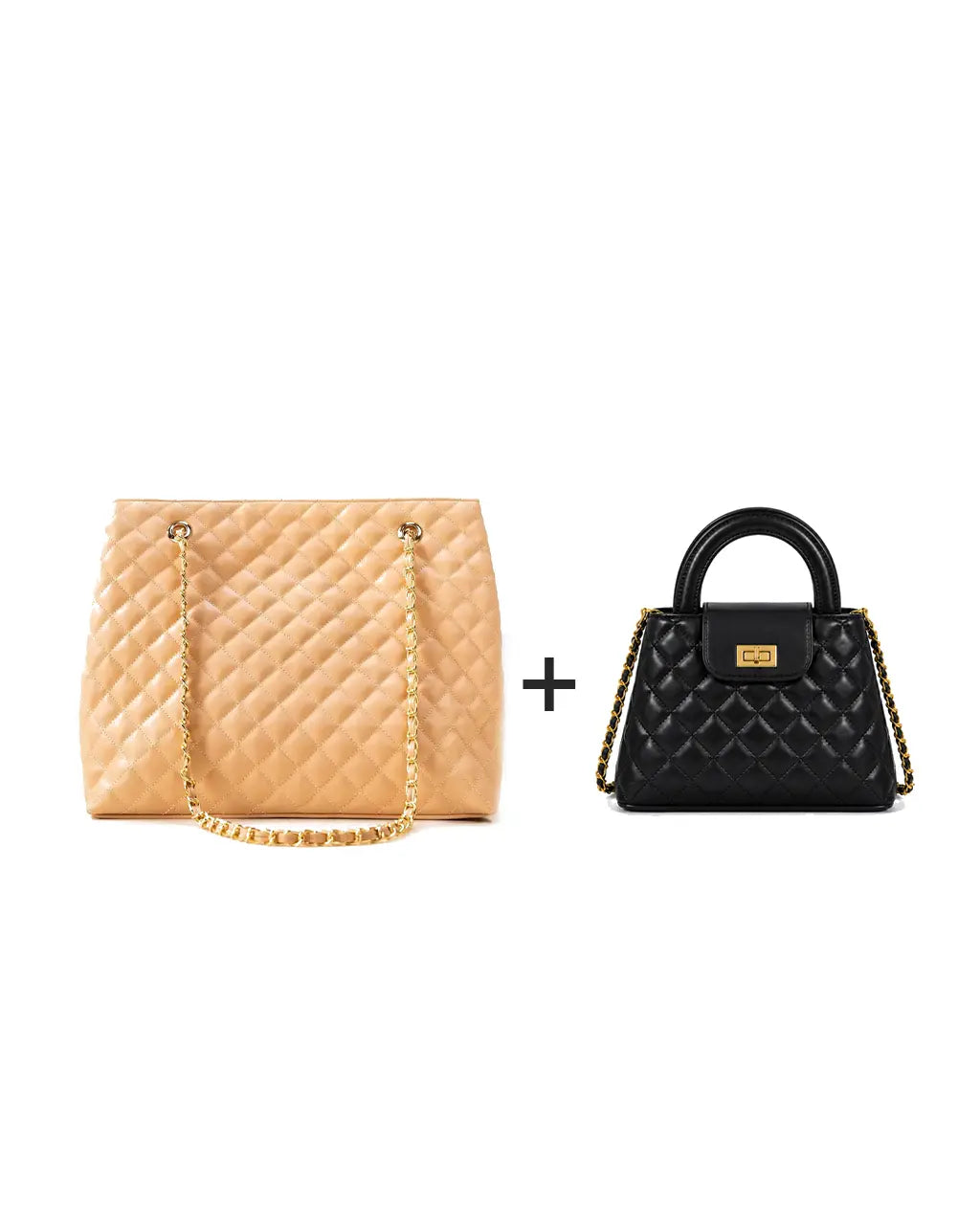 Classic Quilted Duo Black Crossbody & Peach Tote Combo - HBH