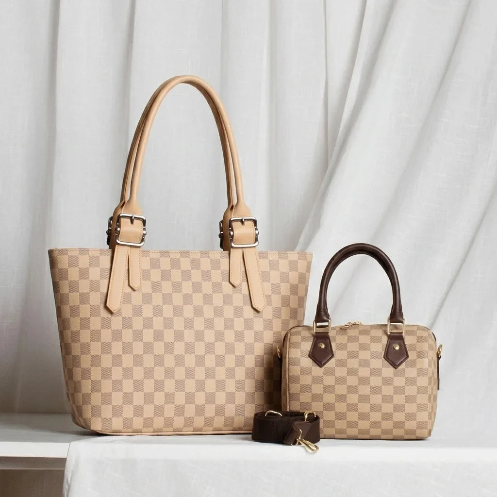 Classic Checkereds - Beige Handbag & Duffle Sling Bag Combo - HBH