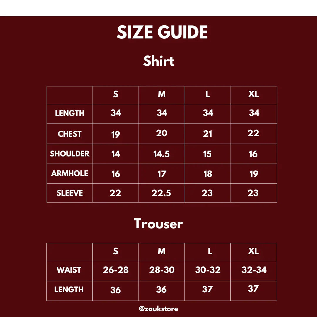 Size guide for shirts and trousers with measurements on a red background