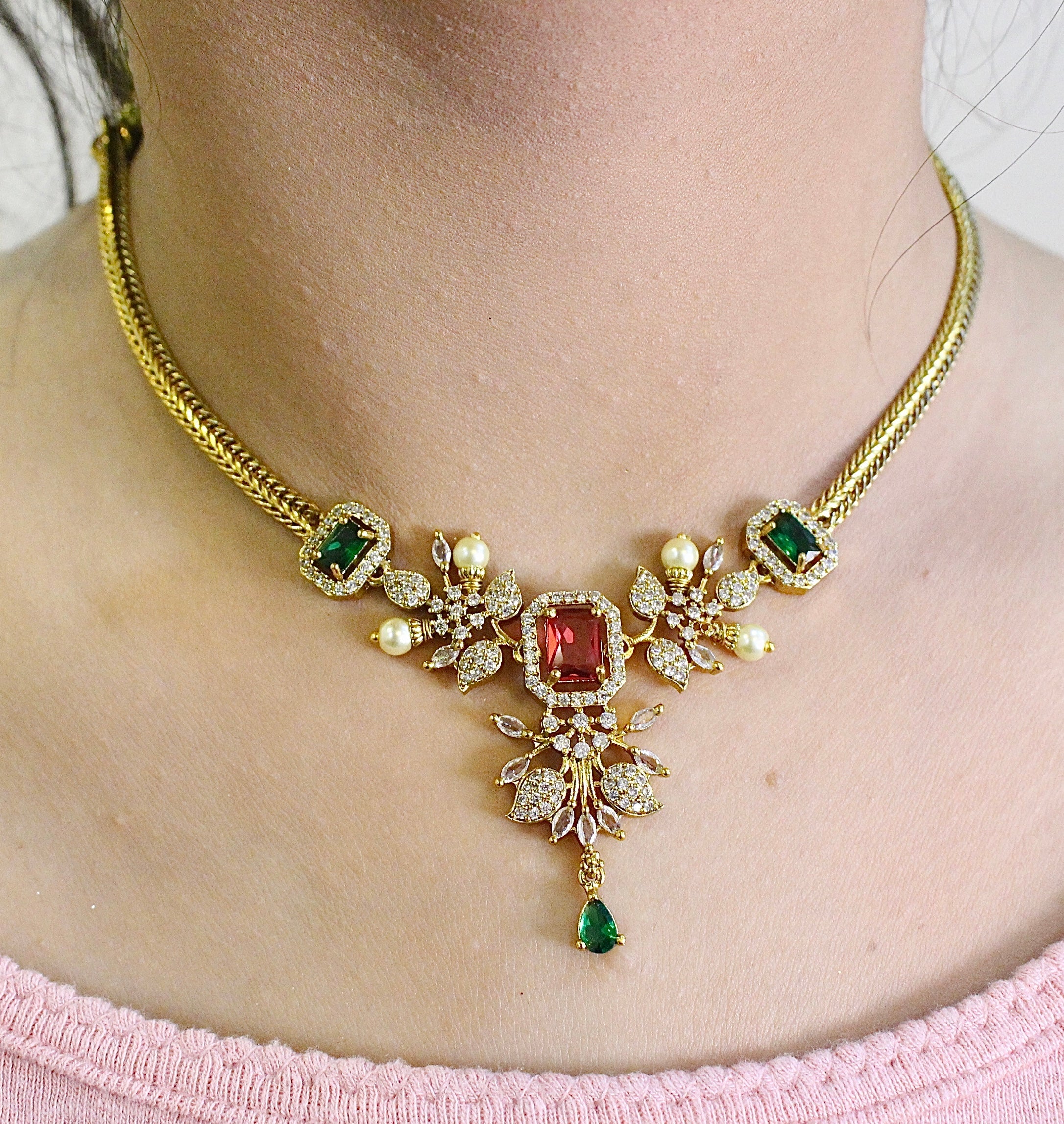 Ghulab Choker Necklace With Earrings - Aloro Jewels