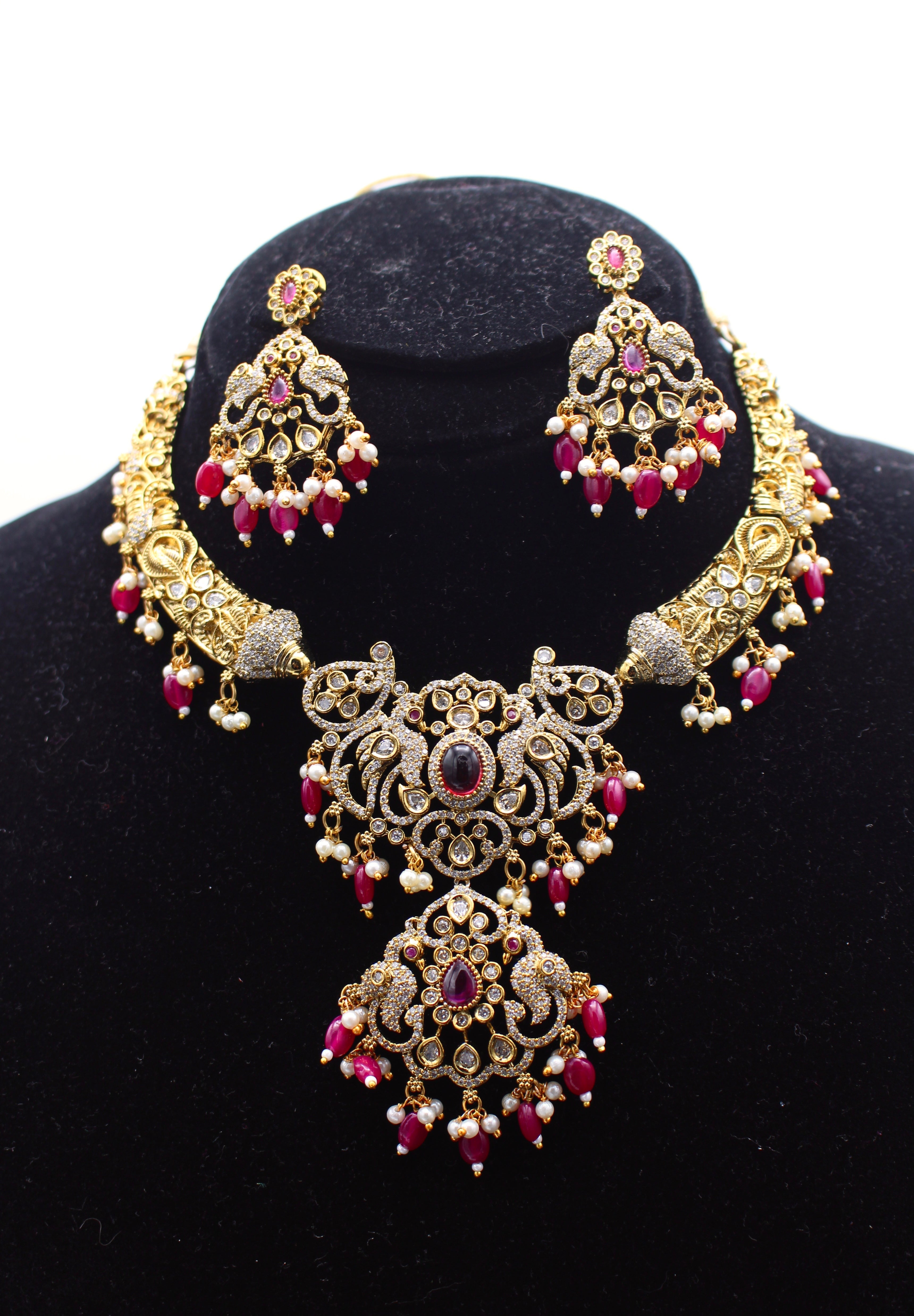 Victorian Style Kundan Necklace With Earrings - Aloro Jewels