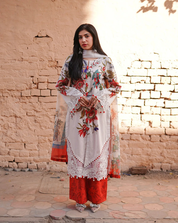 3 Piece Unstitched - Premium Lawn White Suit - Abeer Rasheed