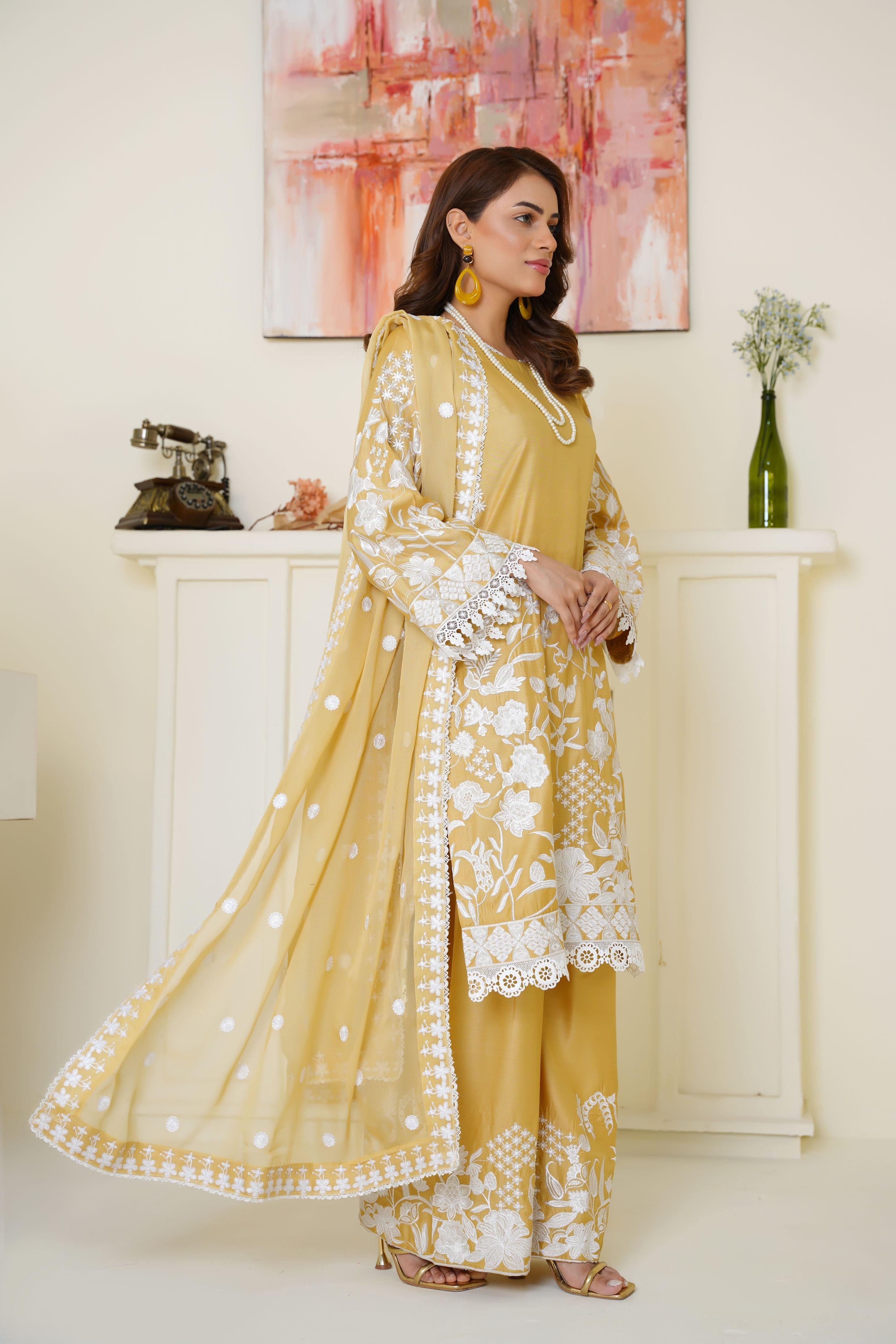 Sunshine Yellow Embroidered Viscose 3-Piece Suit Ready to Wear - Threads & Weaves