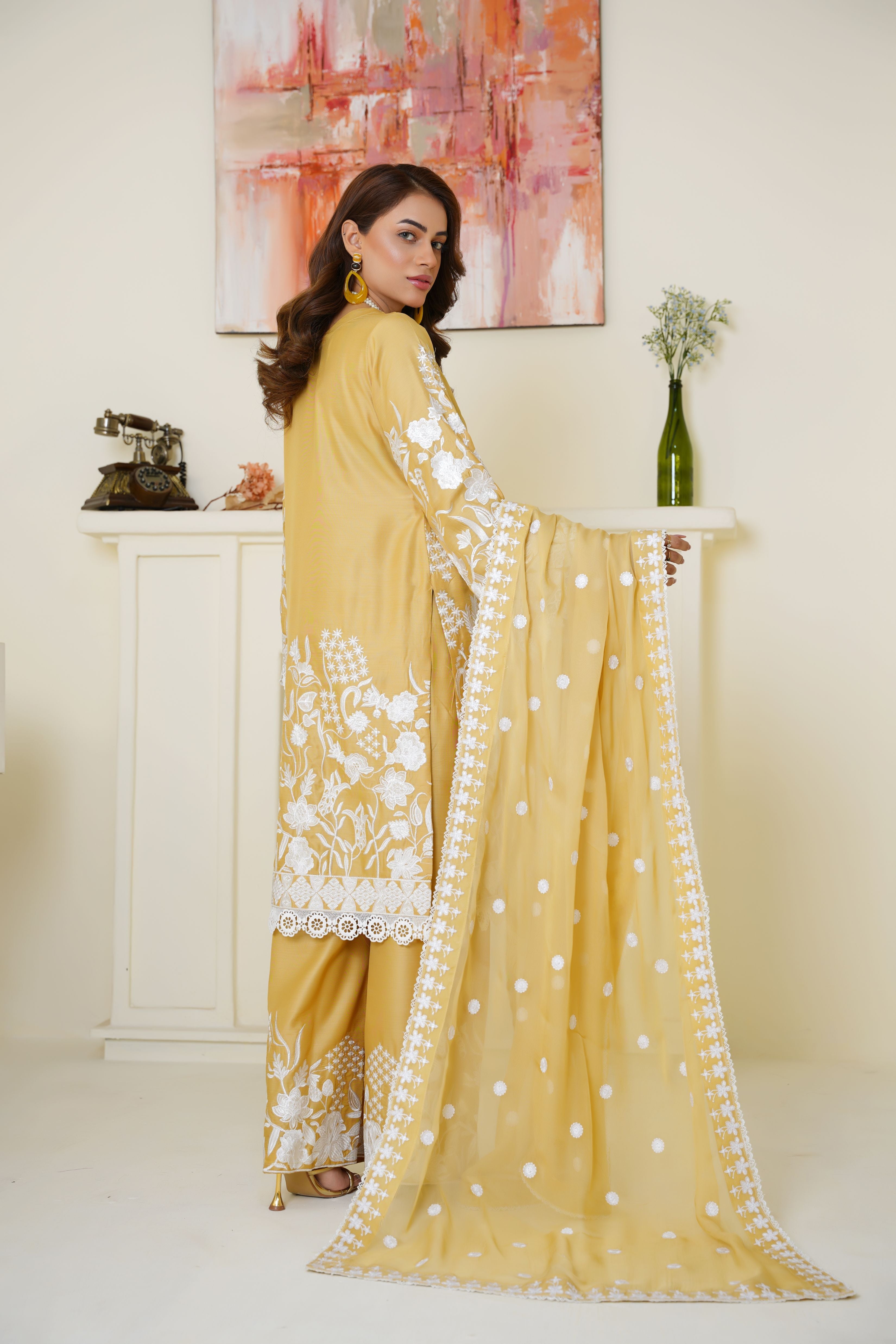 Sunshine Yellow Embroidered Viscose 3-Piece Suit Ready to Wear - Threads & Weaves