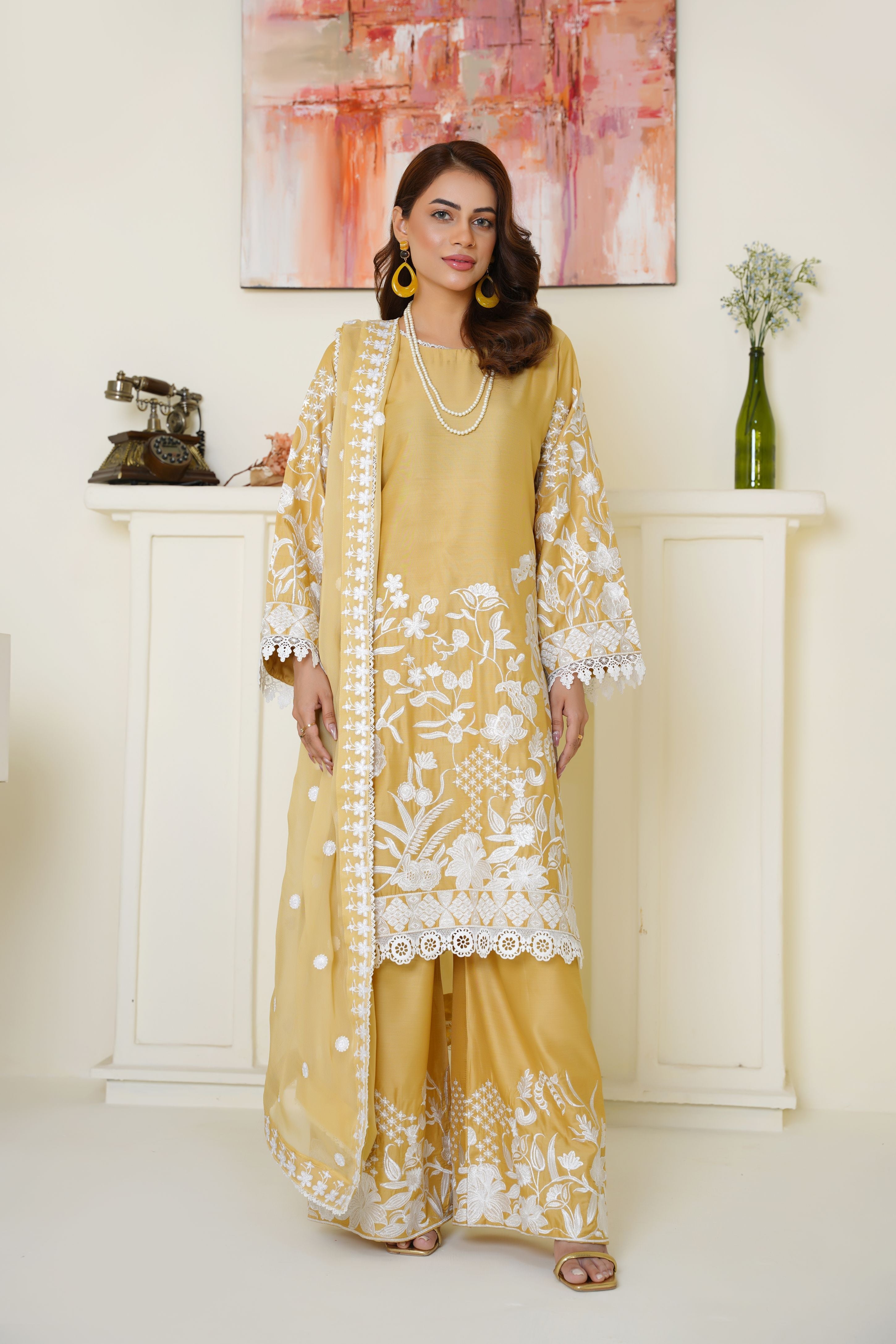 Sunshine Yellow Embroidered Viscose 3-Piece Suit Ready to Wear - Threads & Weaves
