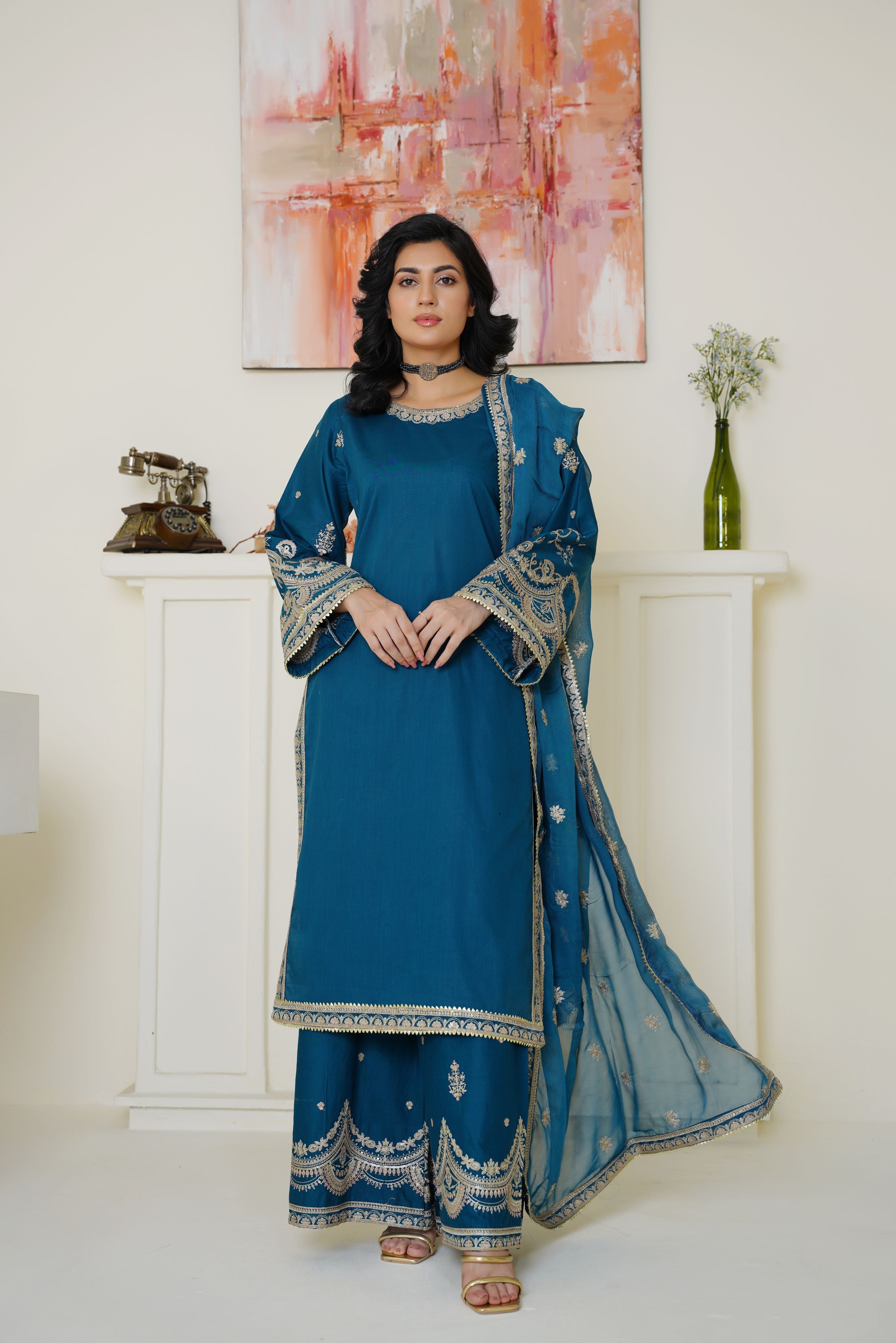 Elegant Teal Blue Embroidered Lawn 3-Piece Suit - Ready to Wear - Threads & Weaves