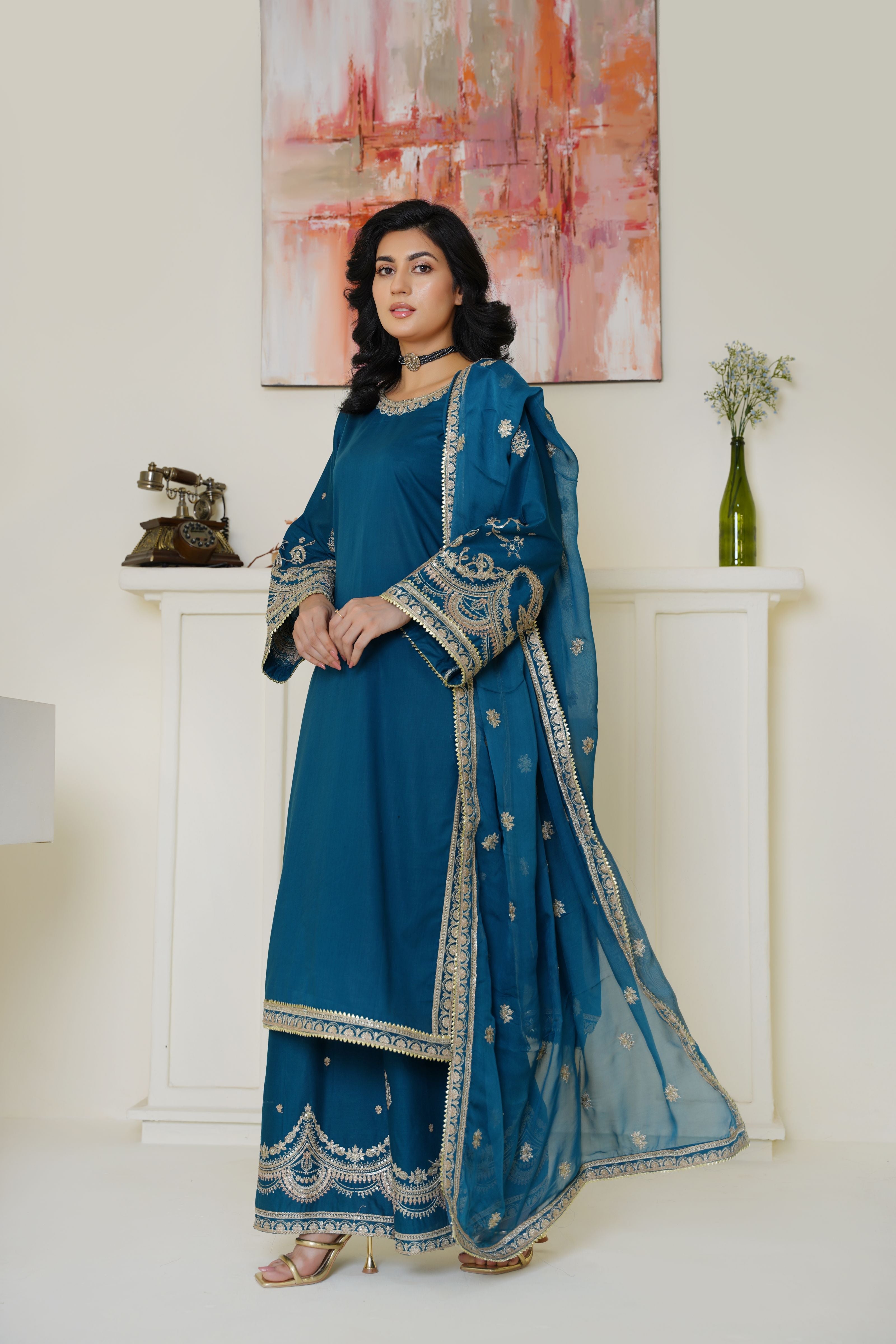 Elegant Teal Blue Embroidered Lawn 3-Piece Suit - Ready to Wear - Threads & Weaves