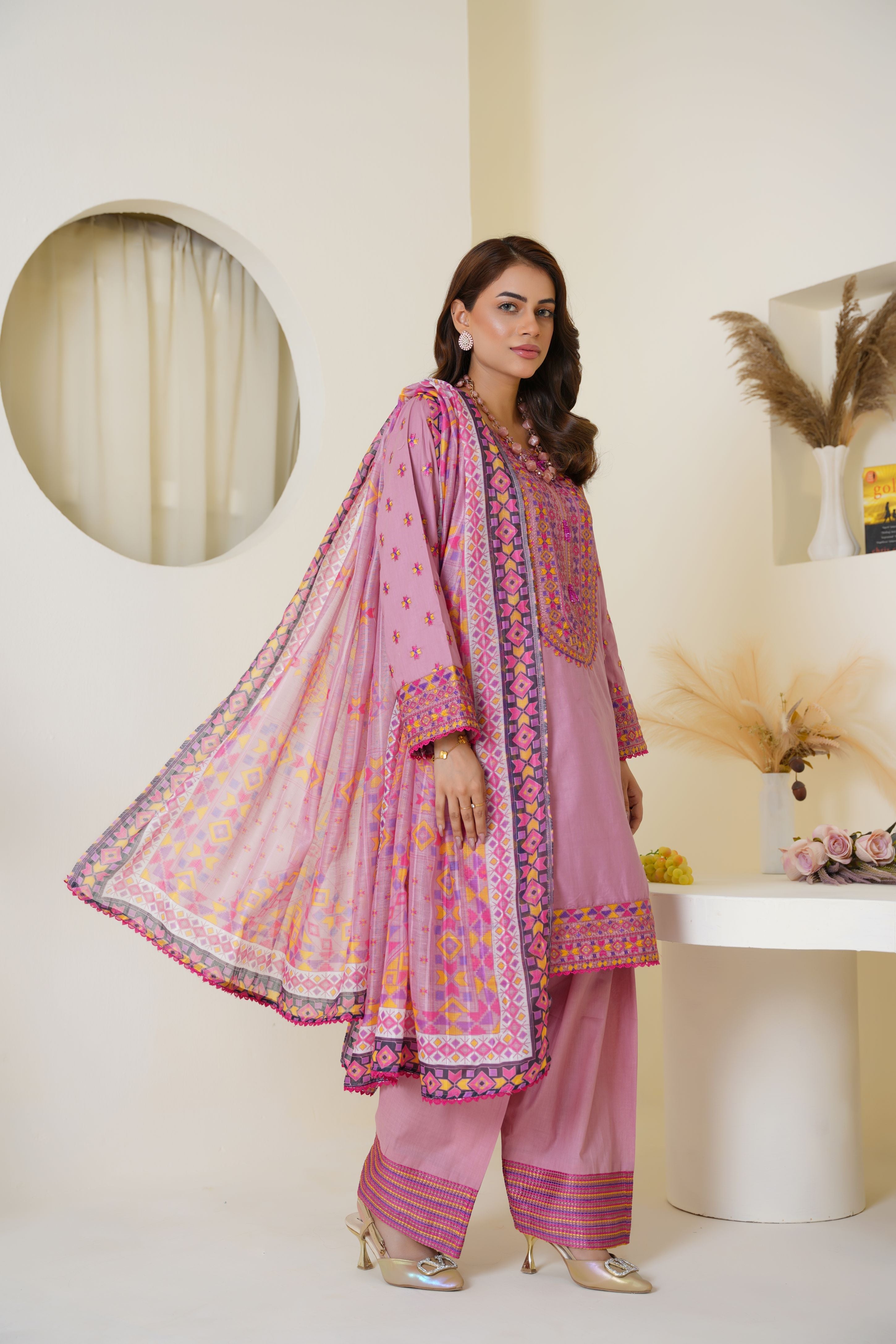 Mauve Pink Embroidered Viscose 3-Piece Suit Ready to Wear - Threads & Weaves