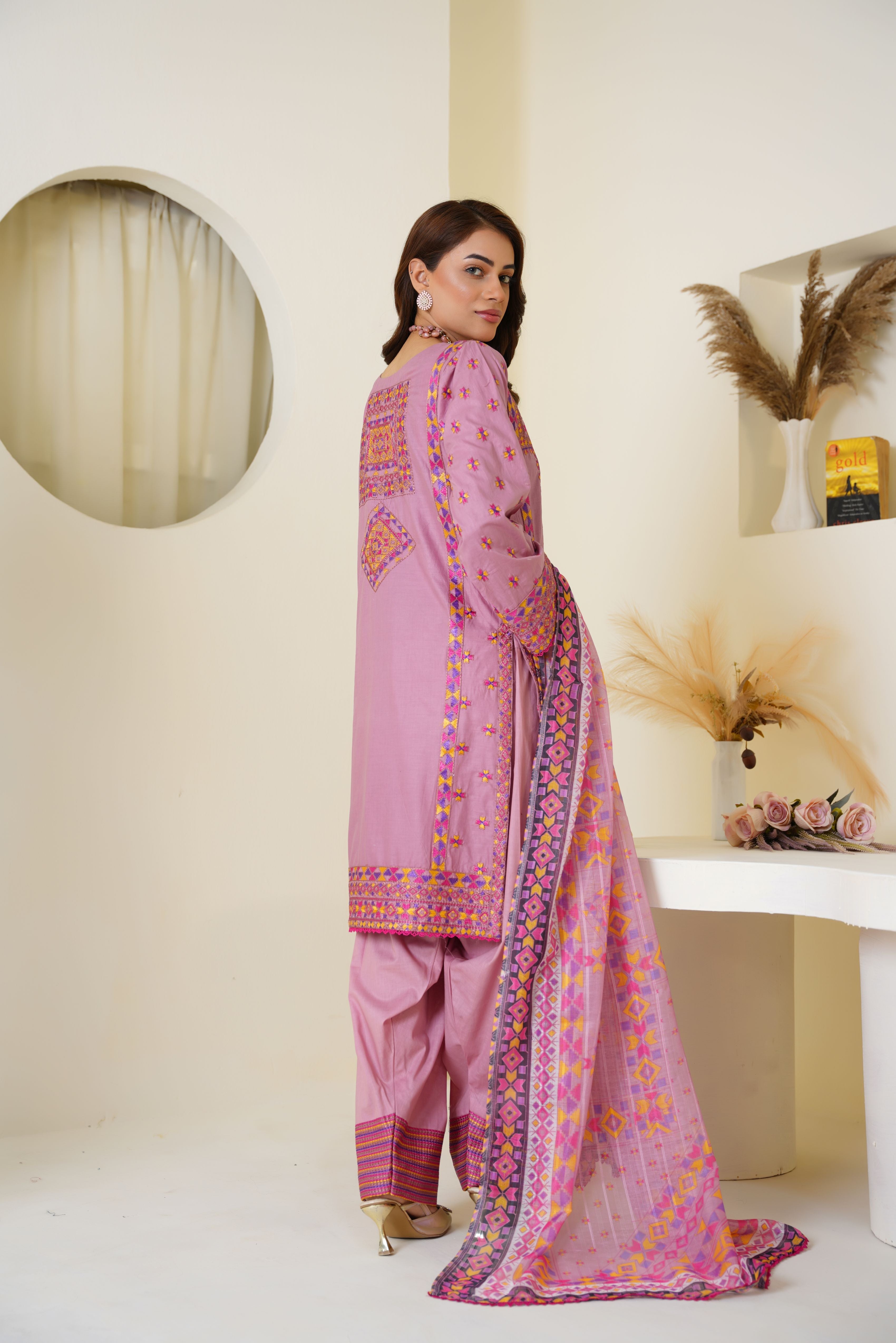 Mauve Pink Embroidered Viscose 3-Piece Suit Ready to Wear - Threads & Weaves
