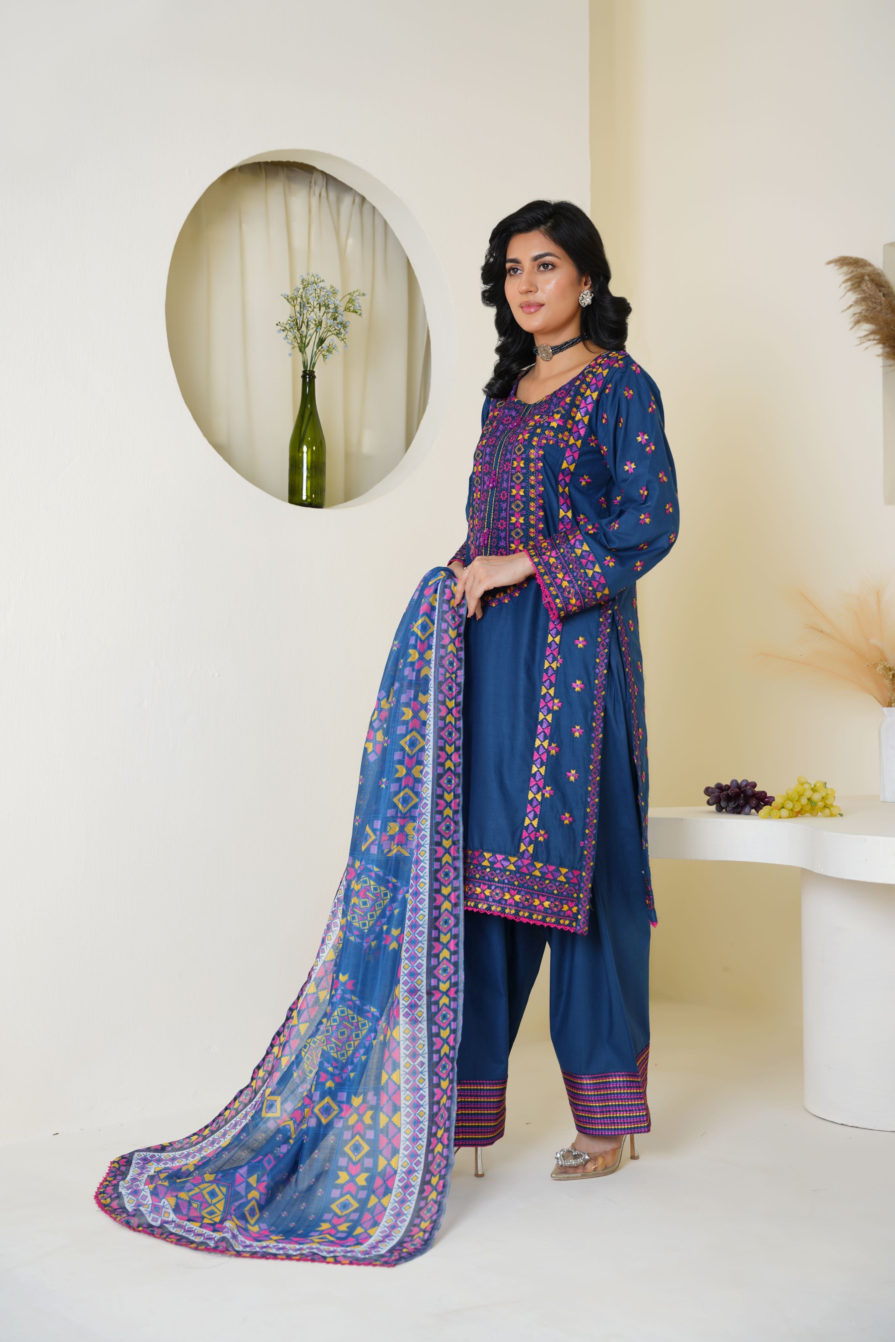 Royal Blue Embroidered Lawn 3-Piece Suit Ready to Wear - Threads & Weaves