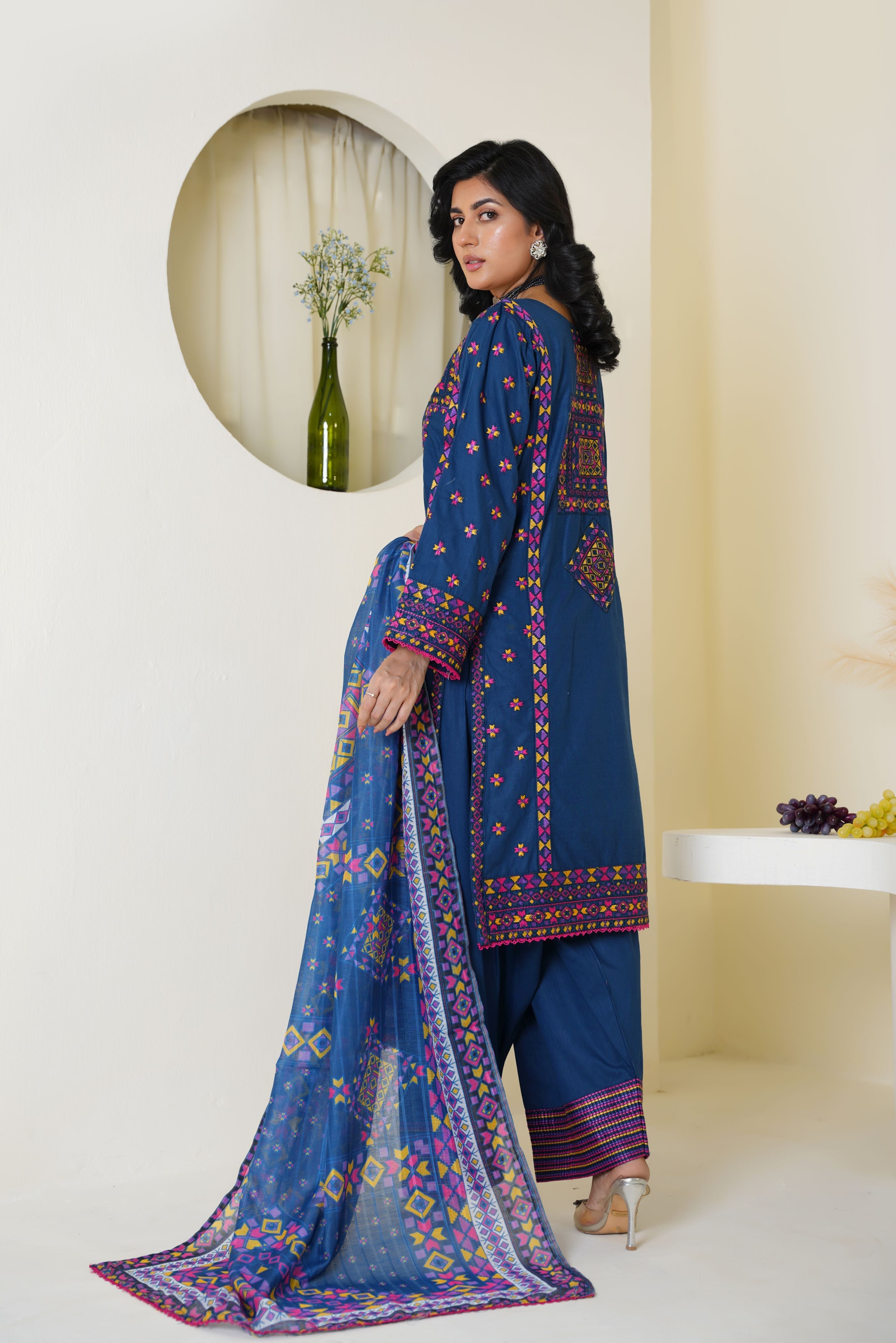 Royal Blue Embroidered Lawn 3-Piece Suit Ready to Wear - Threads & Weaves