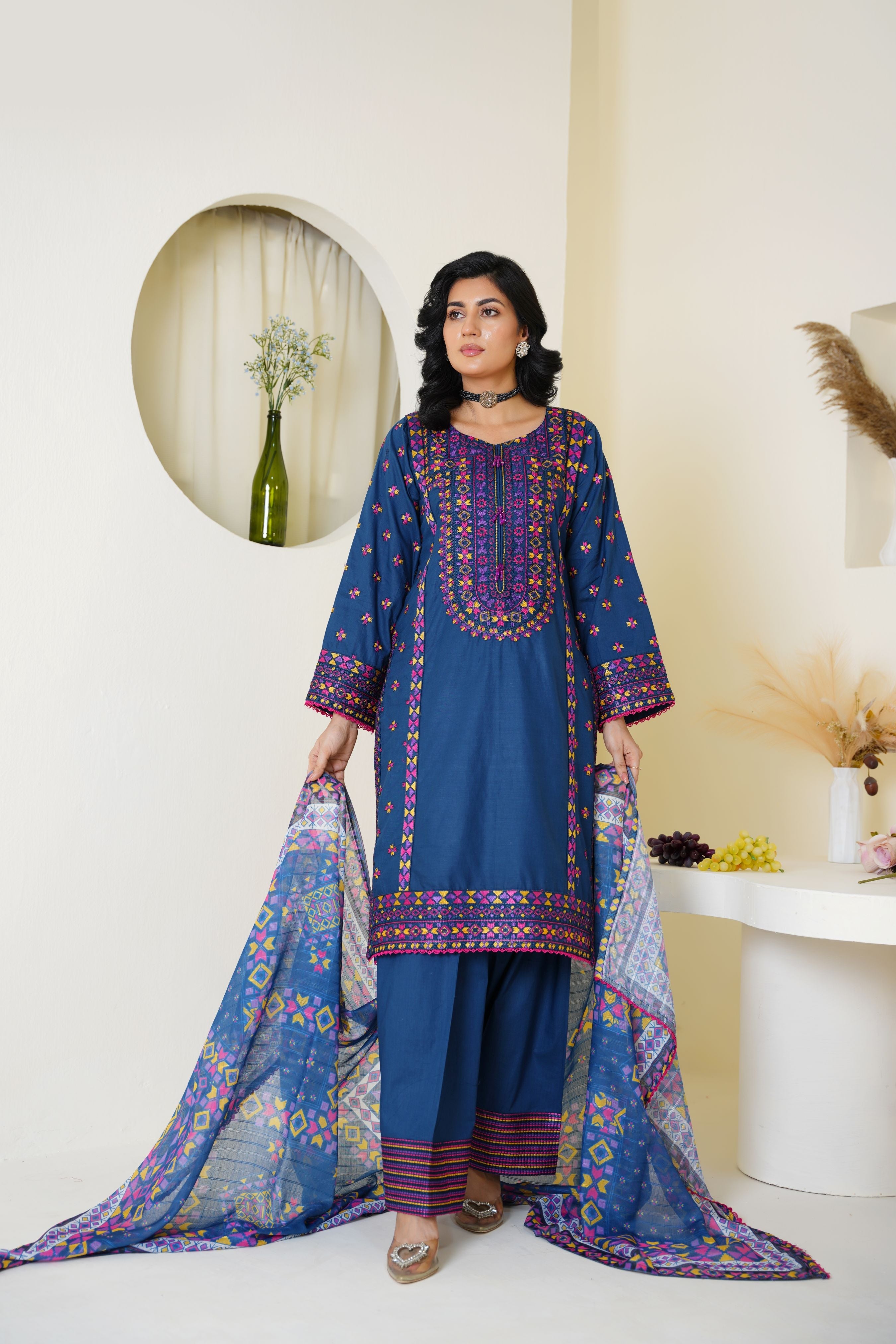 Royal Blue Embroidered Lawn 3-Piece Suit Ready to Wear - Threads & Weaves