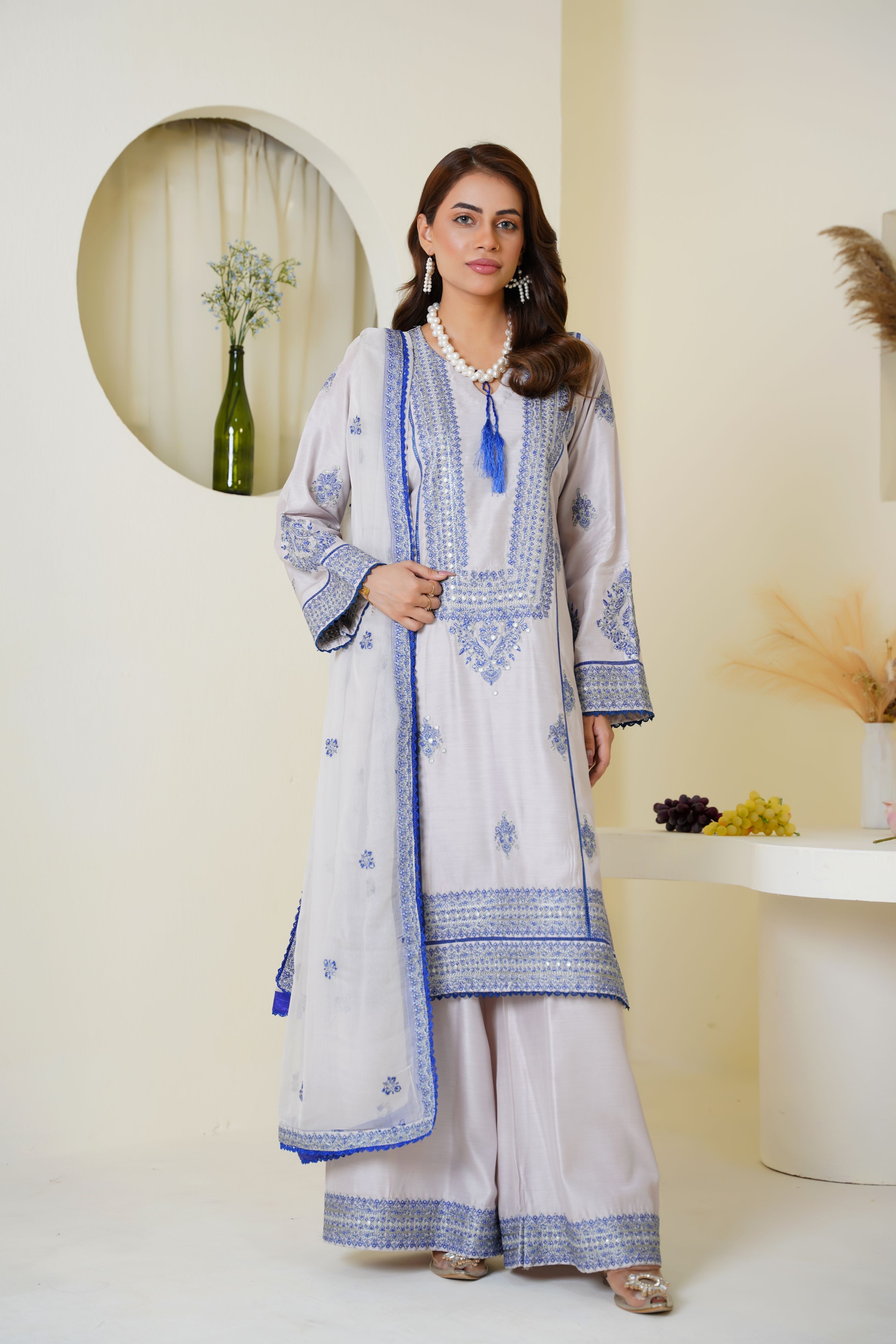 Icy lavender and blue embroidered viscose suit - ready to wear - Threads & Weaves