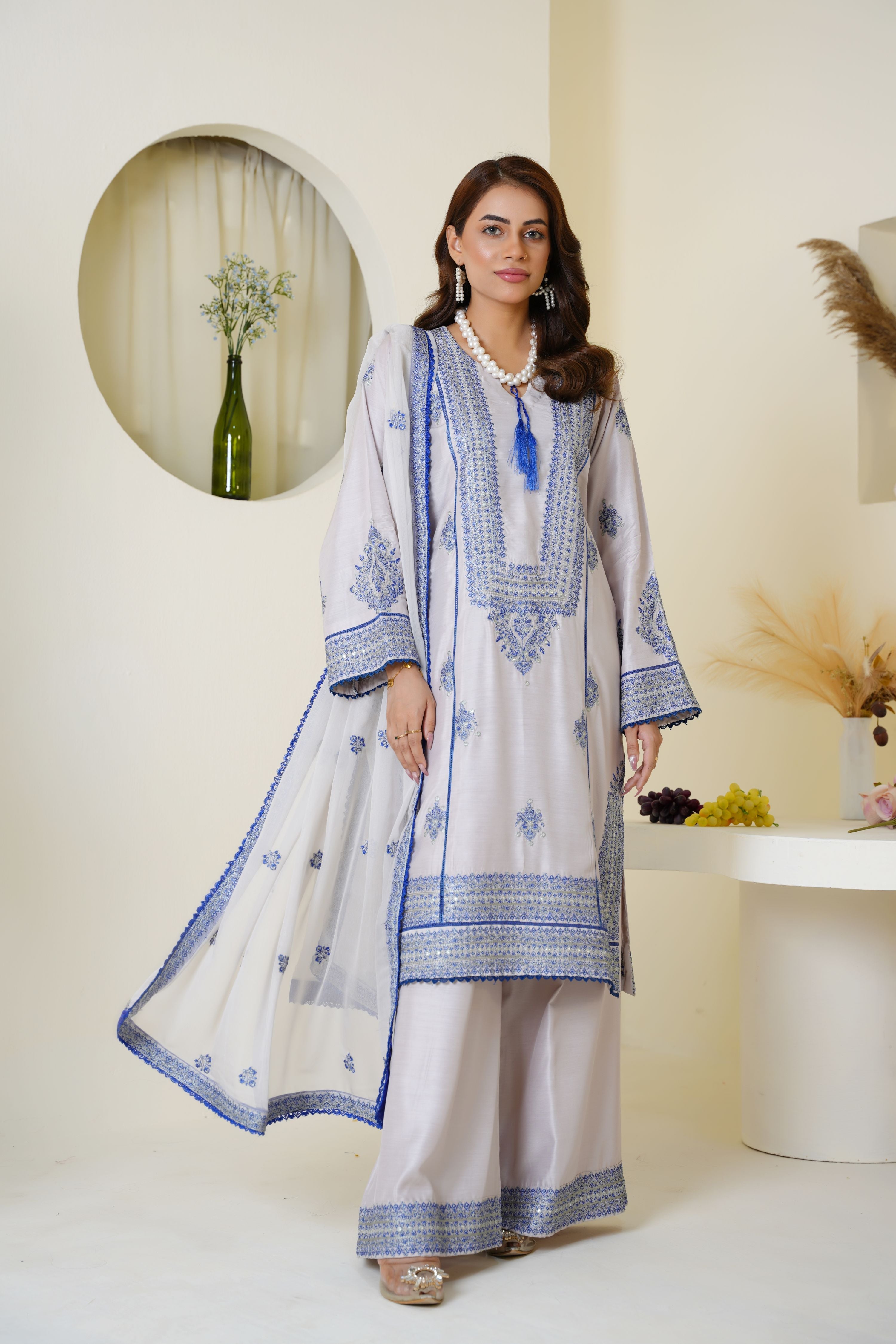 Icy Lavender & Blue Embroidered Viscose 3-Piece Suit Ready to Wear - Threads & Weaves