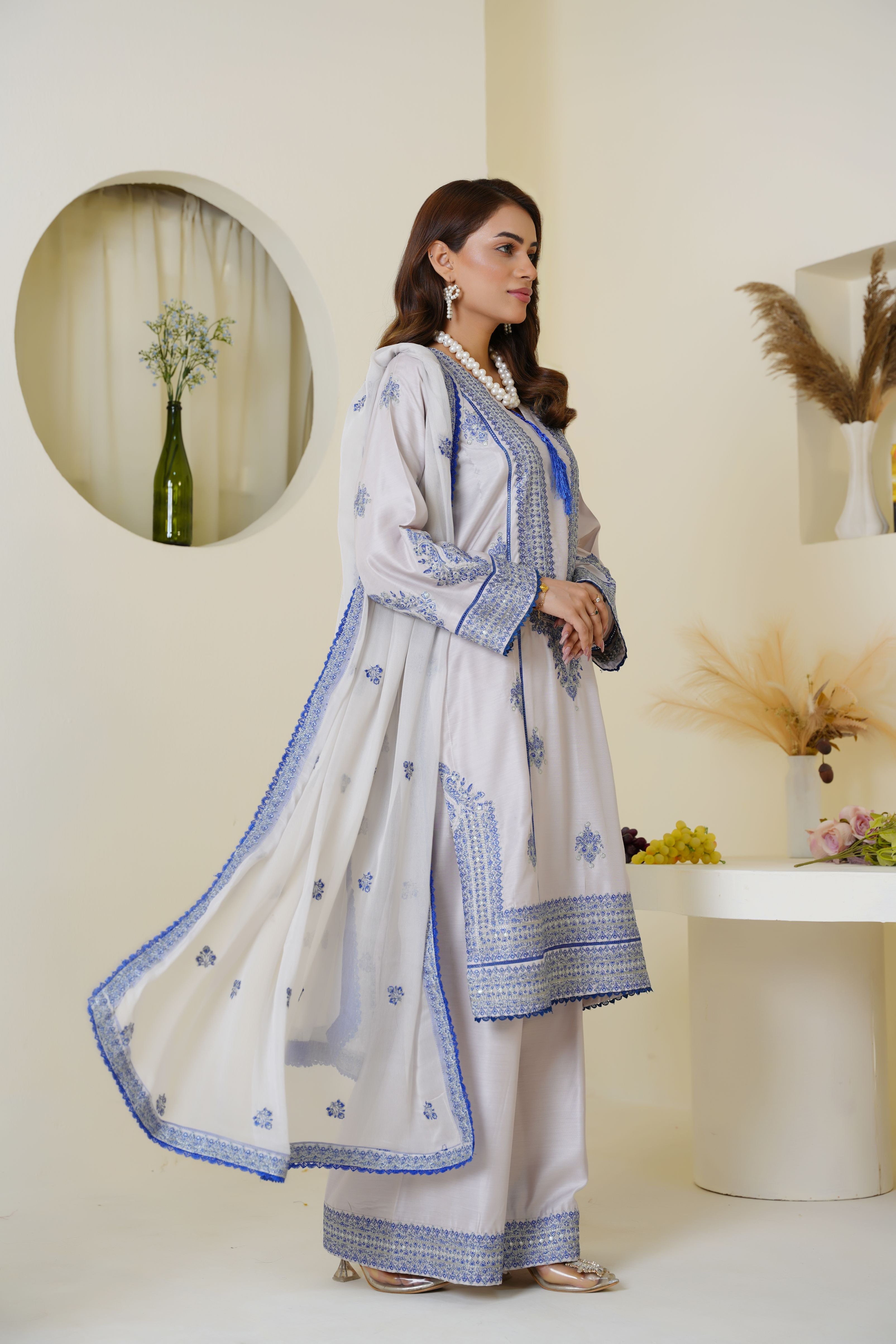 Icy Lavender & Blue Embroidered Viscose 3-Piece Suit Ready to Wear - Threads & Weaves
