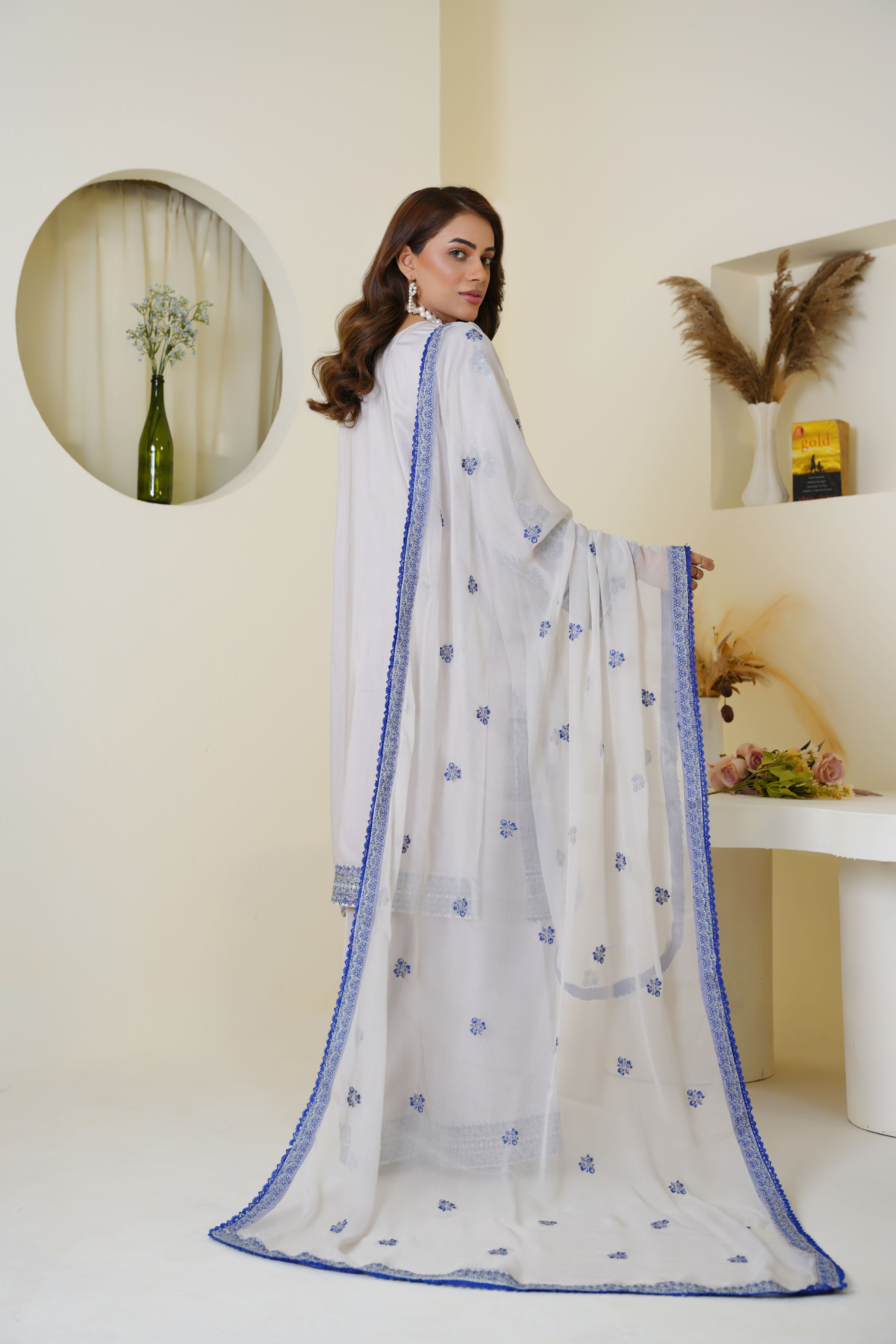Icy Lavender & Blue Embroidered Viscose 3-Piece Suit Ready to Wear - Threads & Weaves