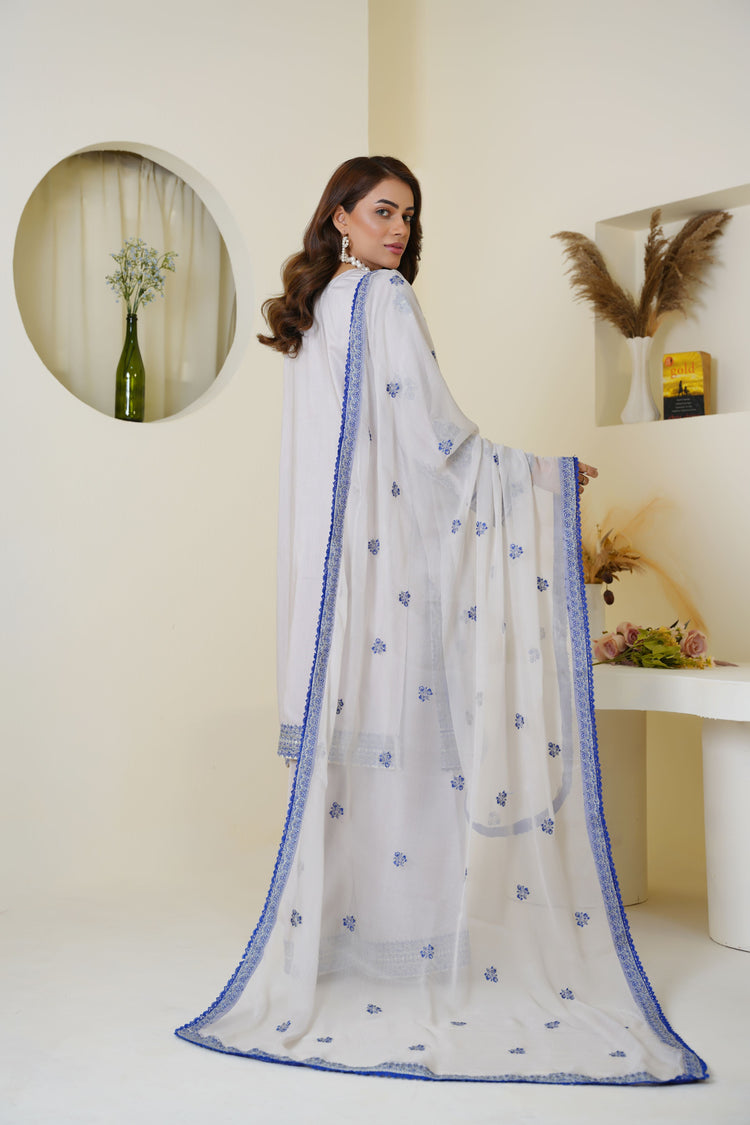 Icy Lavender & Blue Embroidered Viscose 3-Piece Suit Ready to Wear - Threads & Weaves