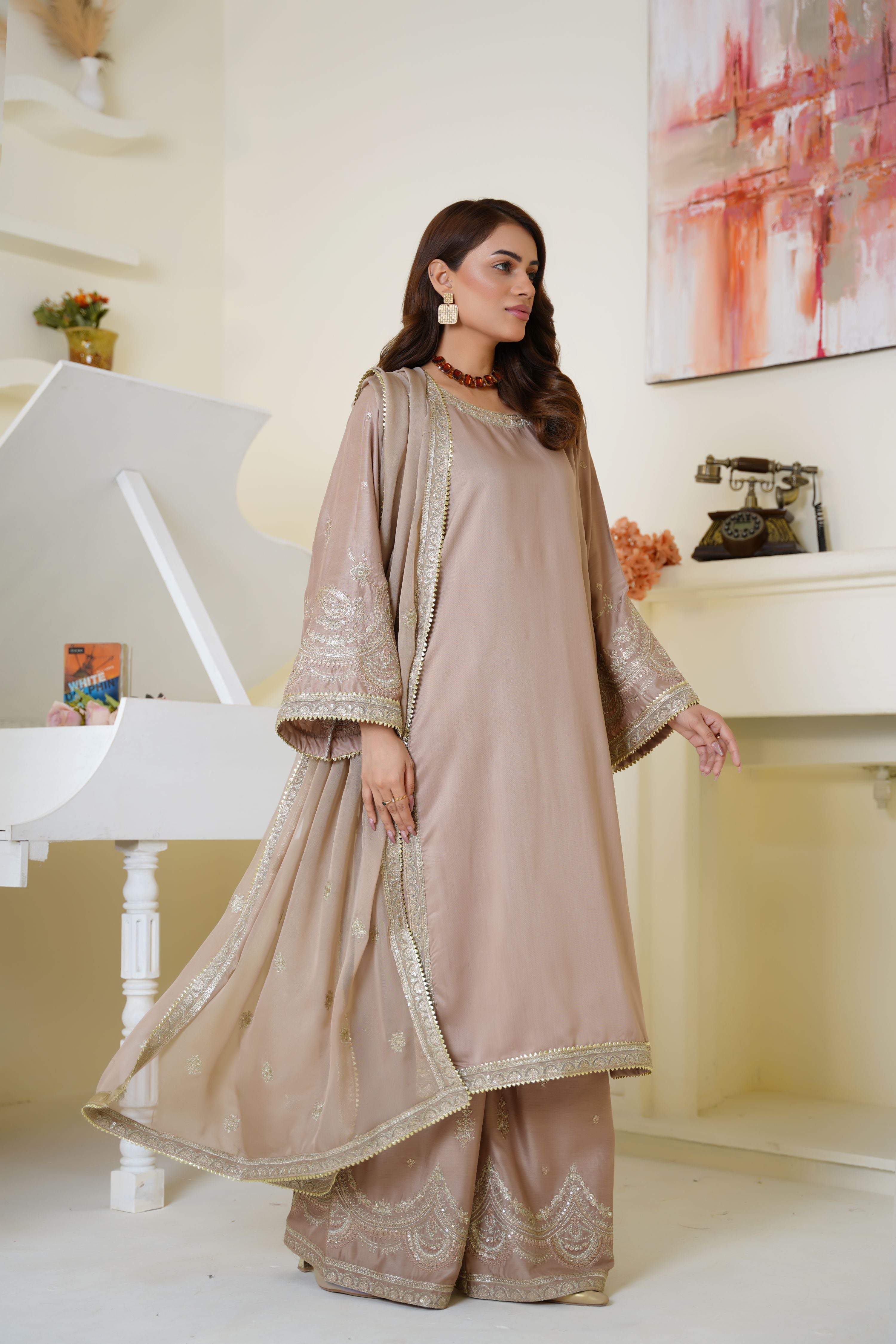 Champagne Beige Embroidered Viscose 3-Piece Suit Ready to Wear - Threads & Weaves