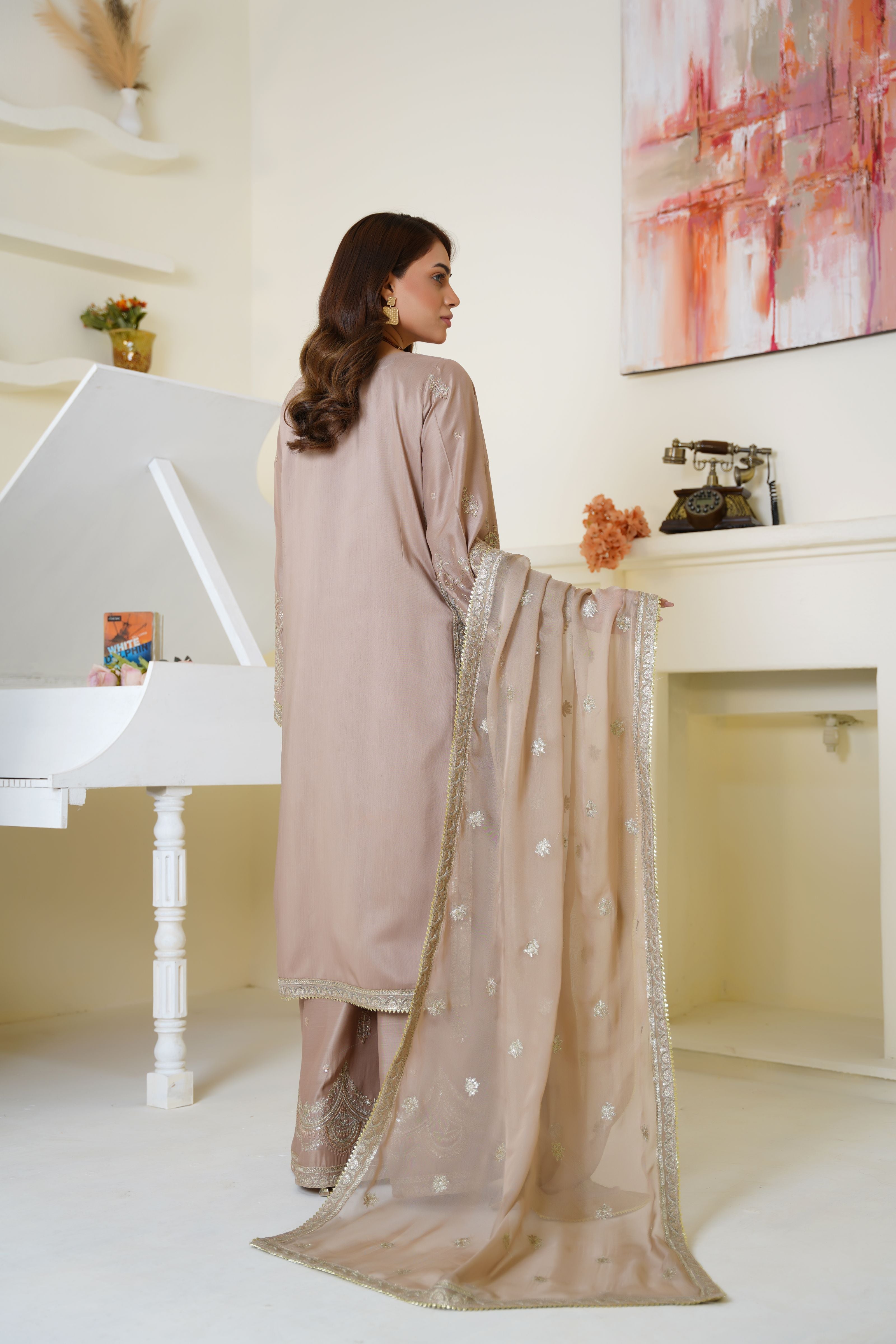 Champagne Beige Embroidered Viscose 3-Piece Suit Ready to Wear - Threads & Weaves