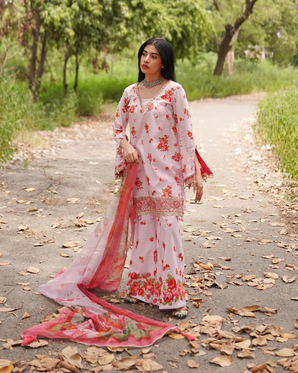 3 Piece Unstitched - Premium Lawn Light Pink Suit - Abeer Rasheed