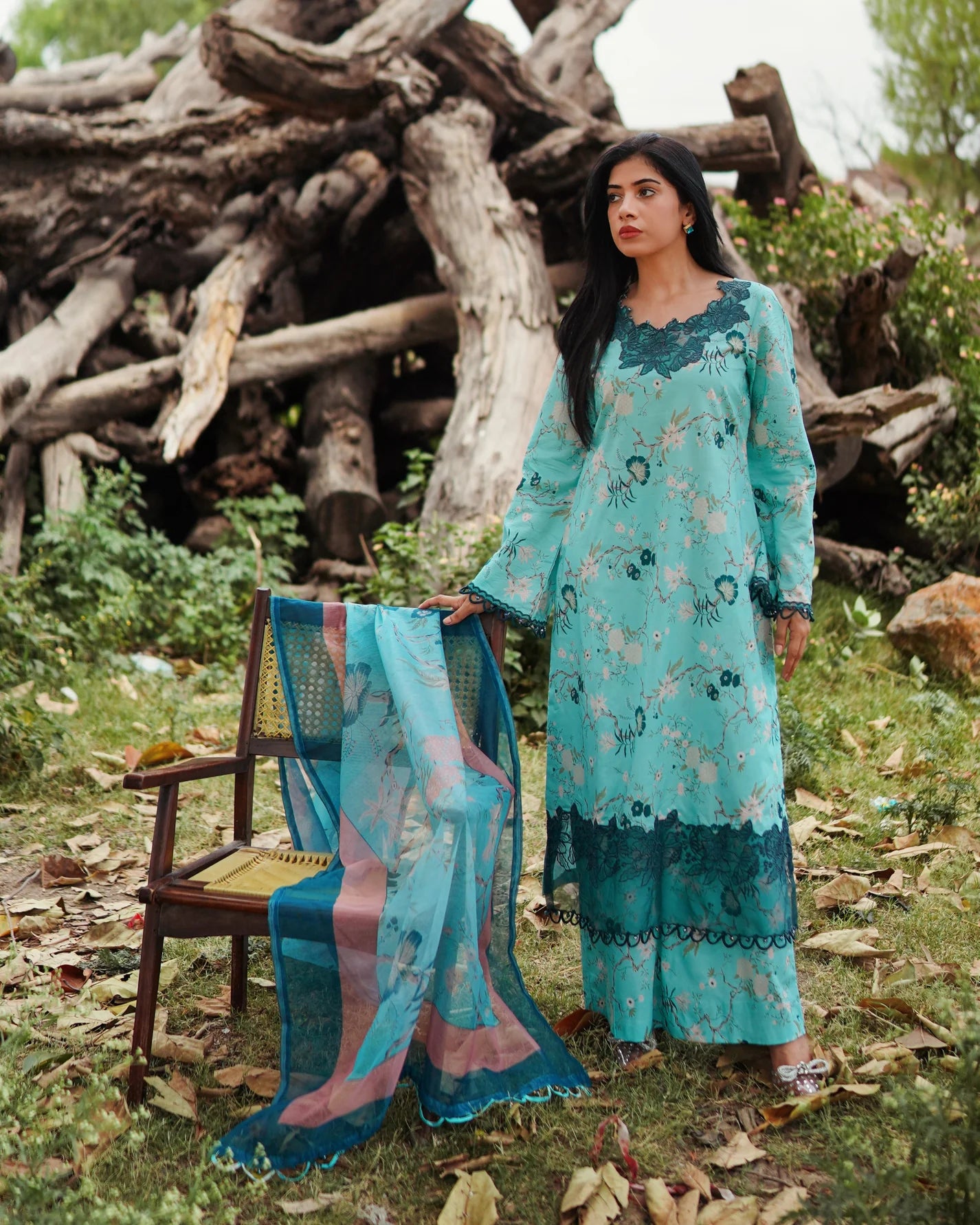 3 Piece Unstitched - Premium Lawn Sea Green Suit - Abeer Rasheed