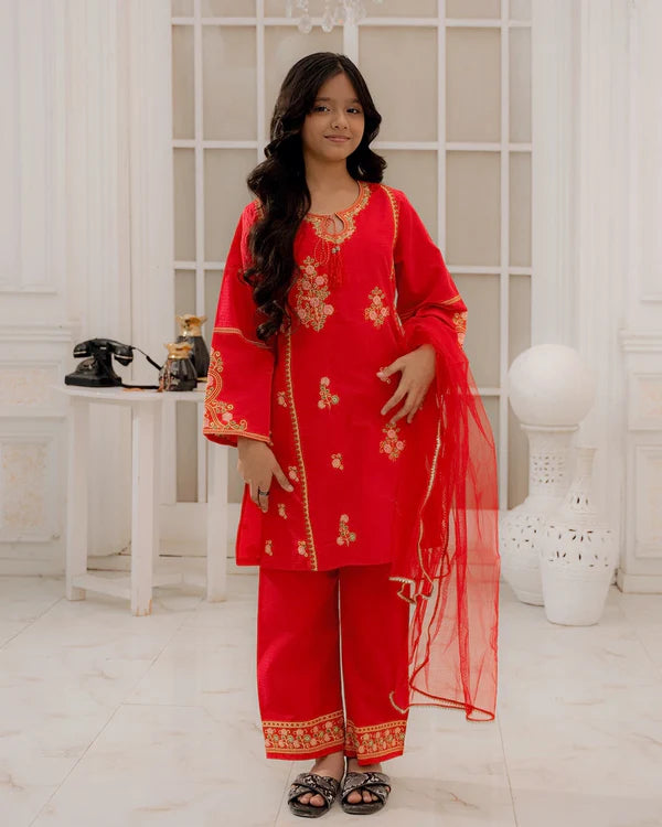 Embroidered Cotton Suit - Crimson Blossom - Rangooz