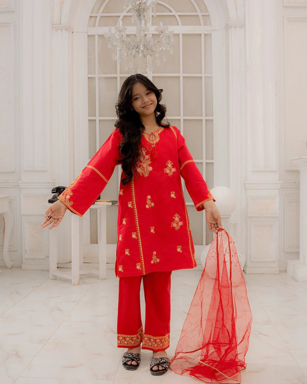 Embroidered Cotton Suit - Crimson Blossom - Rangooz