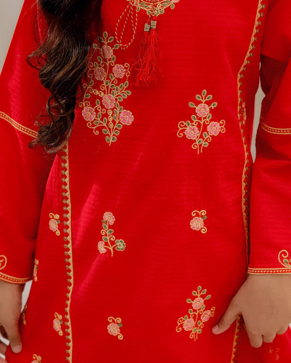 Embroidered Cotton Suit - Crimson Blossom - Rangooz