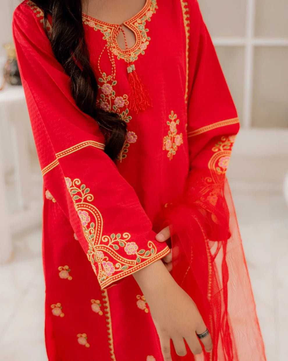 Embroidered Cotton Suit - Crimson Blossom - Rangooz
