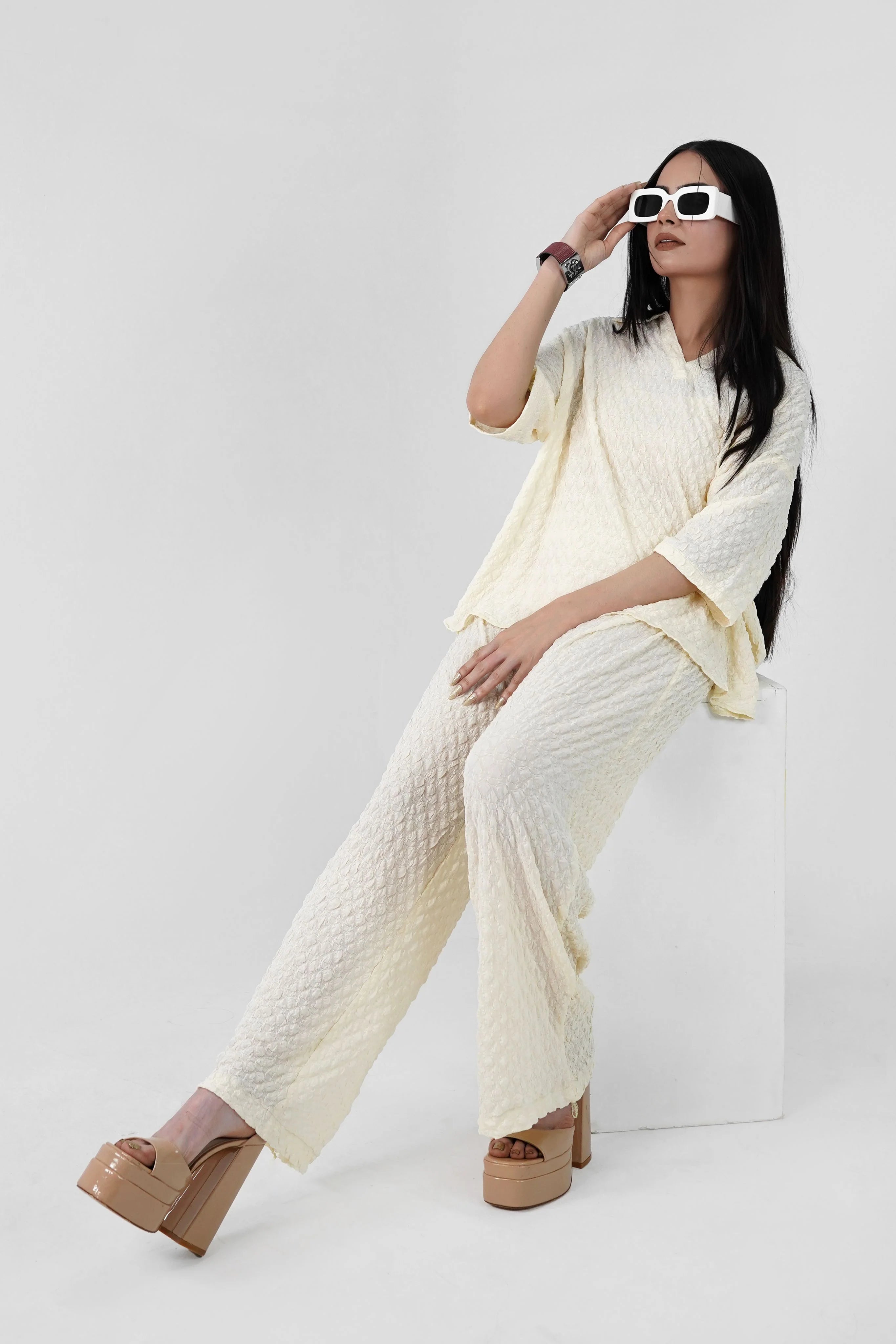 Bubble Crinkle All White Co-Ord Set – Textured Western Wear - Velora