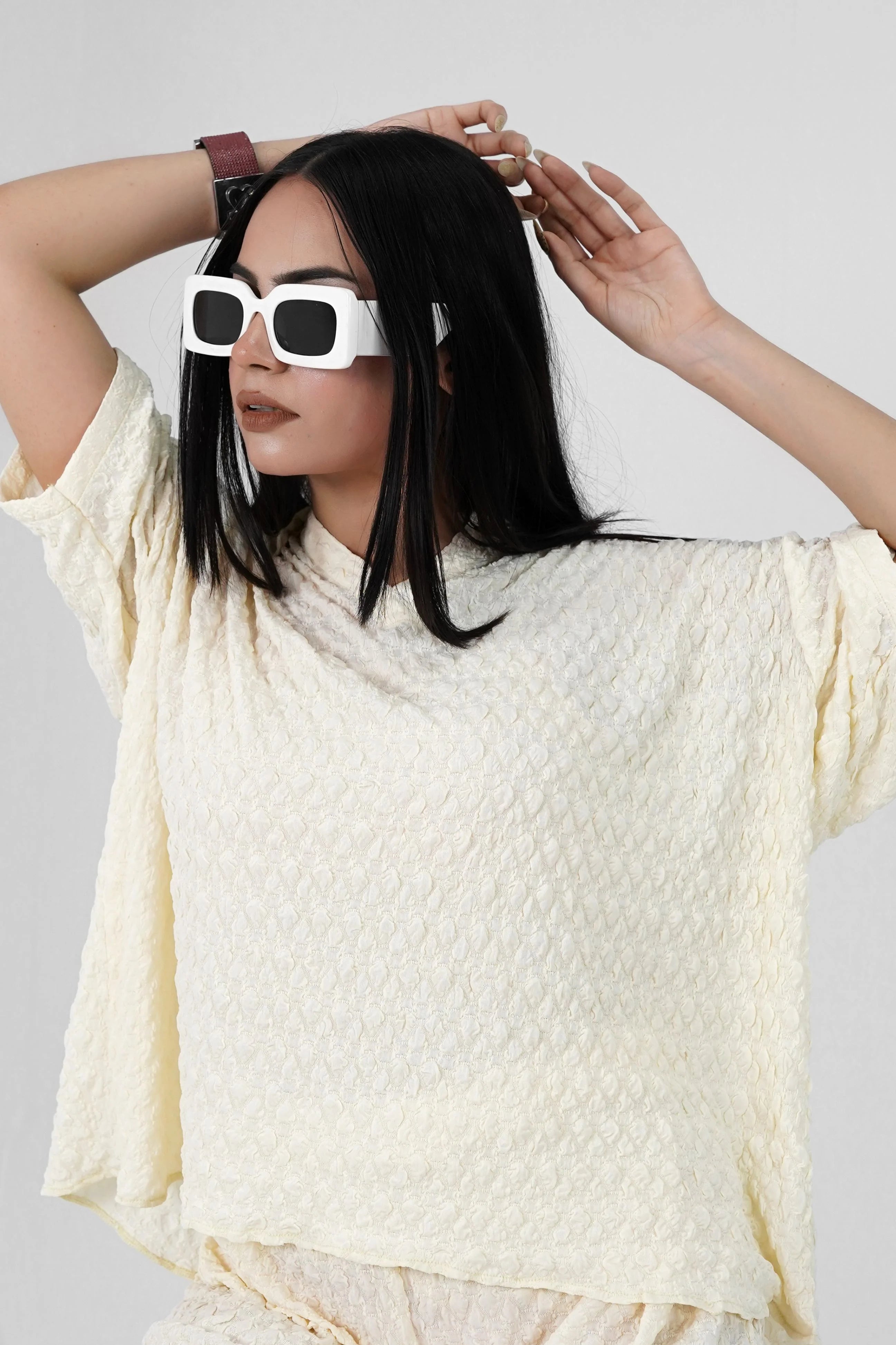 Bubble Crinkle All White Co-Ord Set – Textured Western Wear - Velora