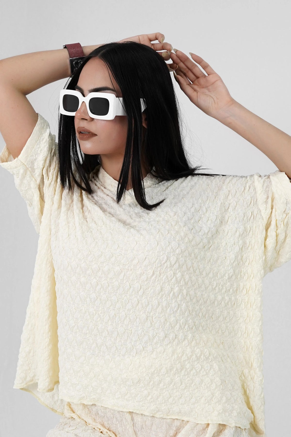 Bubble Crinkle All White Co-Ord Set – Textured Western Wear - Velora