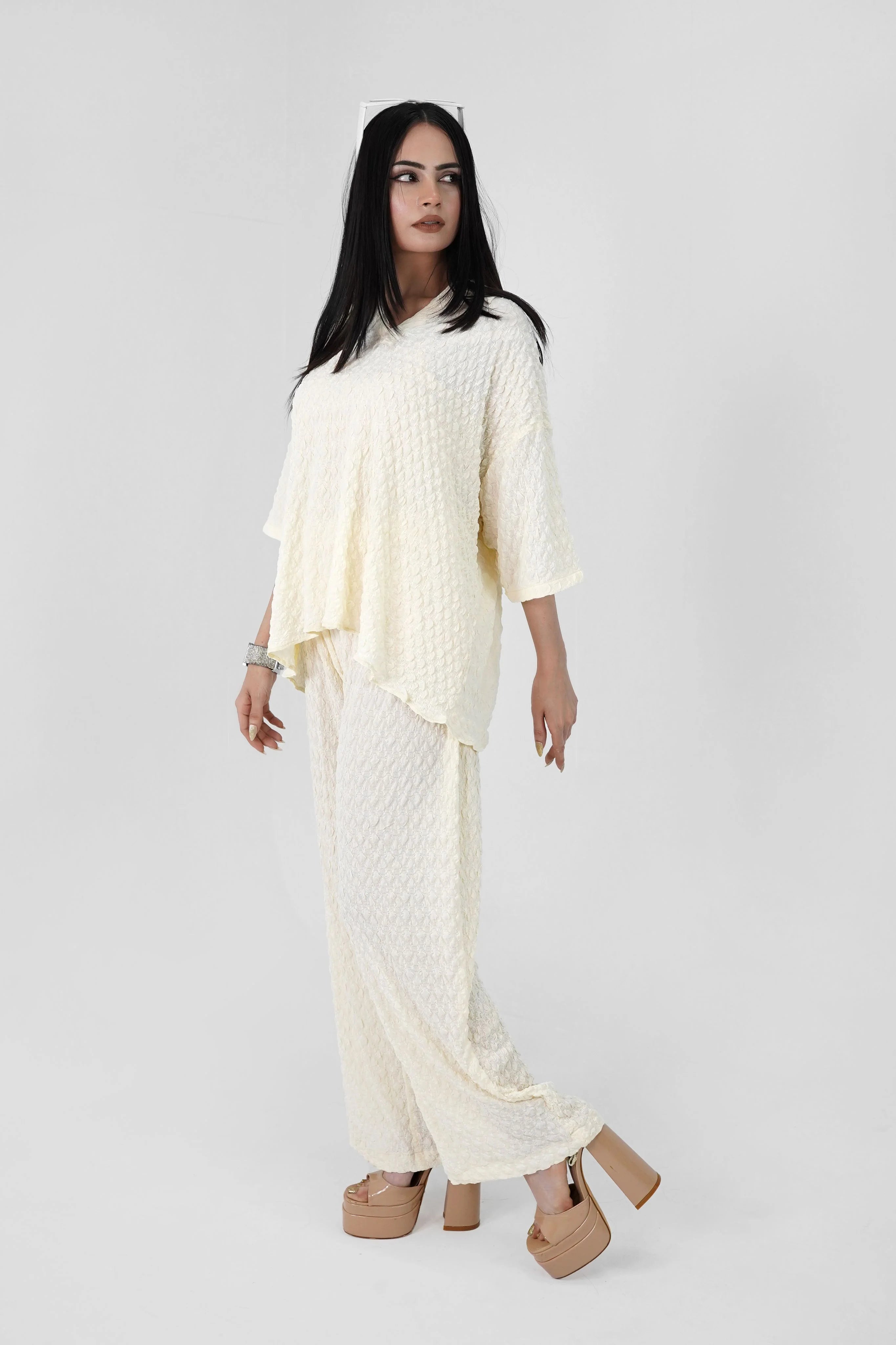 Bubble Crinkle All White Co-Ord Set – Textured Western Wear - Velora