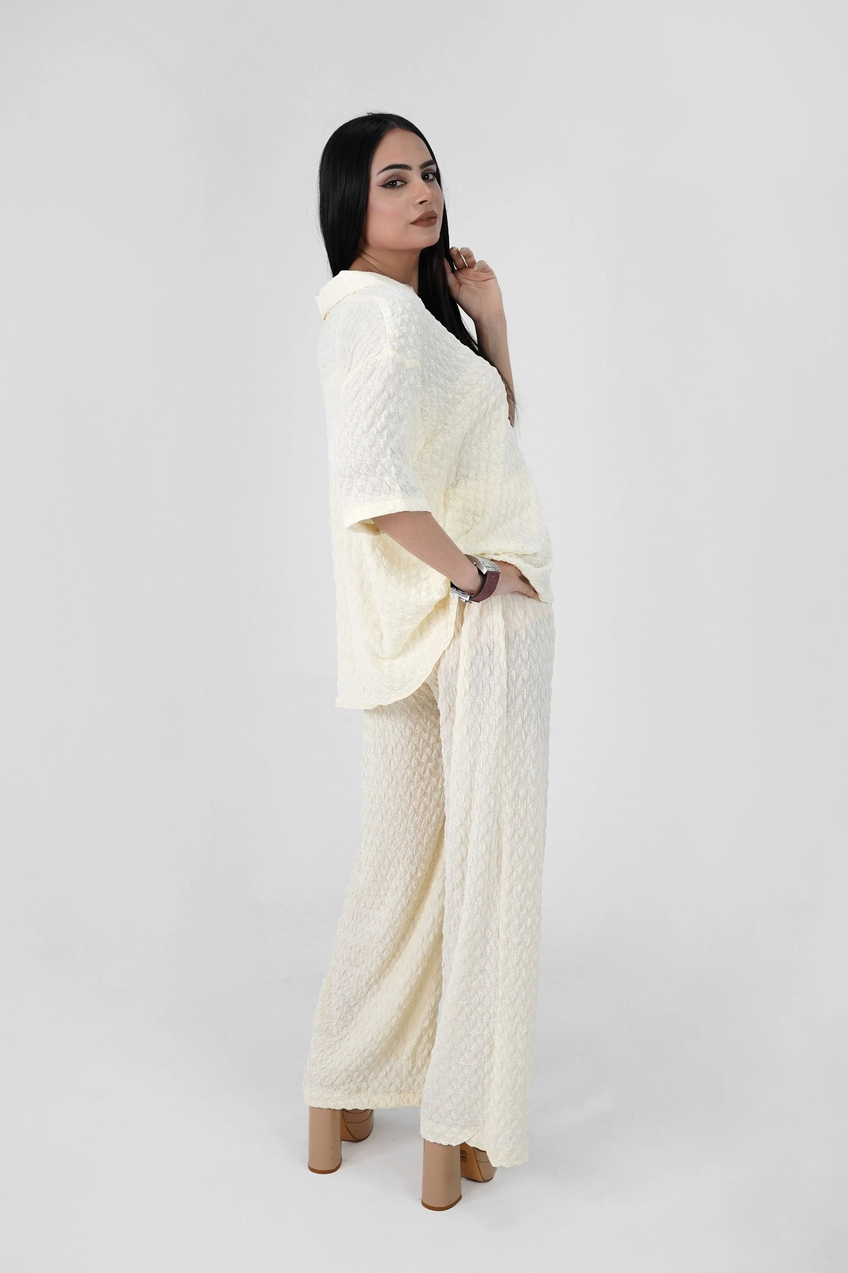Bubble Crinkle All White Co-Ord Set – Textured Western Wear - Velora