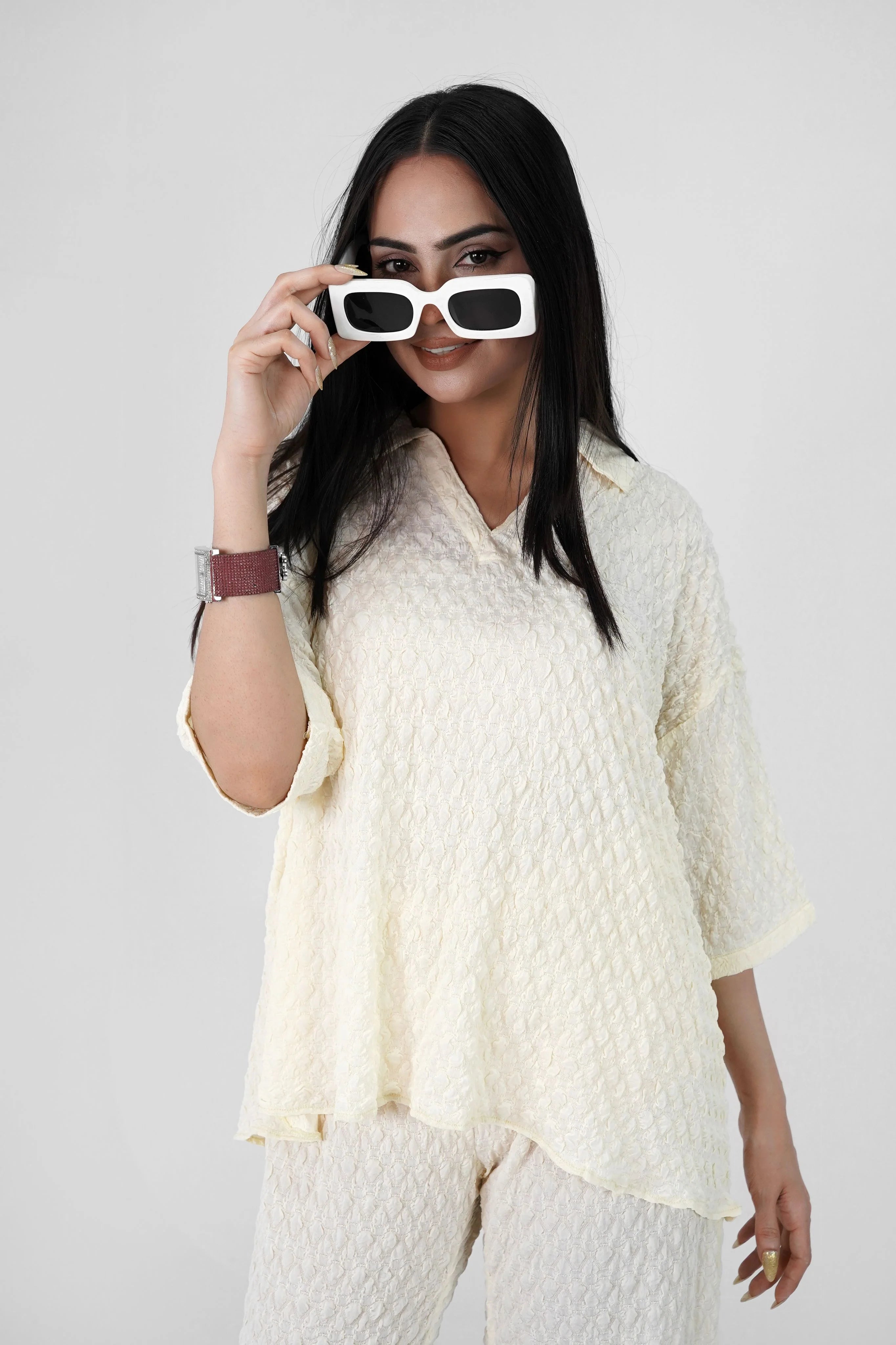 Bubble Crinkle All White Co-Ord Set – Textured Western Wear - Velora