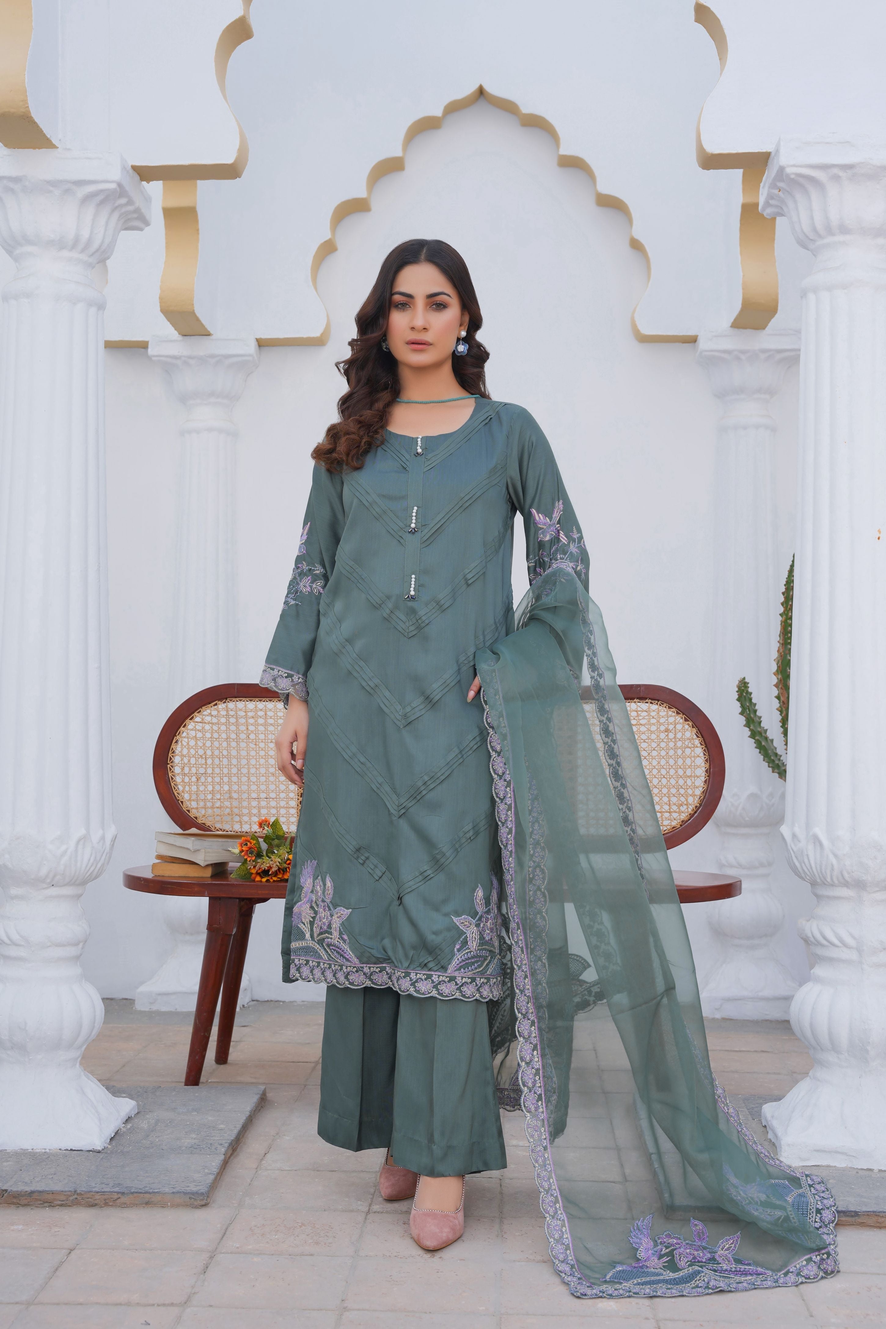 Sage green pret embroidered dress 3-piece - ready to wear - Threads & Weaves