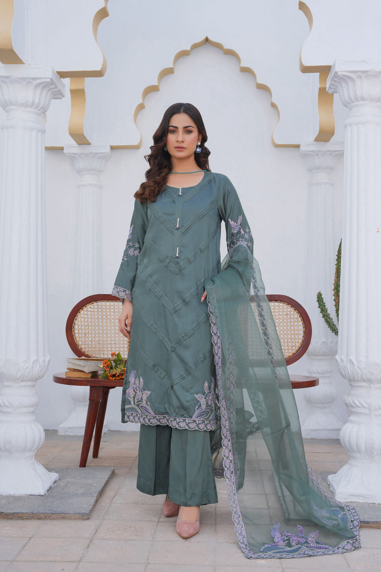 Sage green pret embroidered dress 3-piece - ready to wear - Threads & Weaves