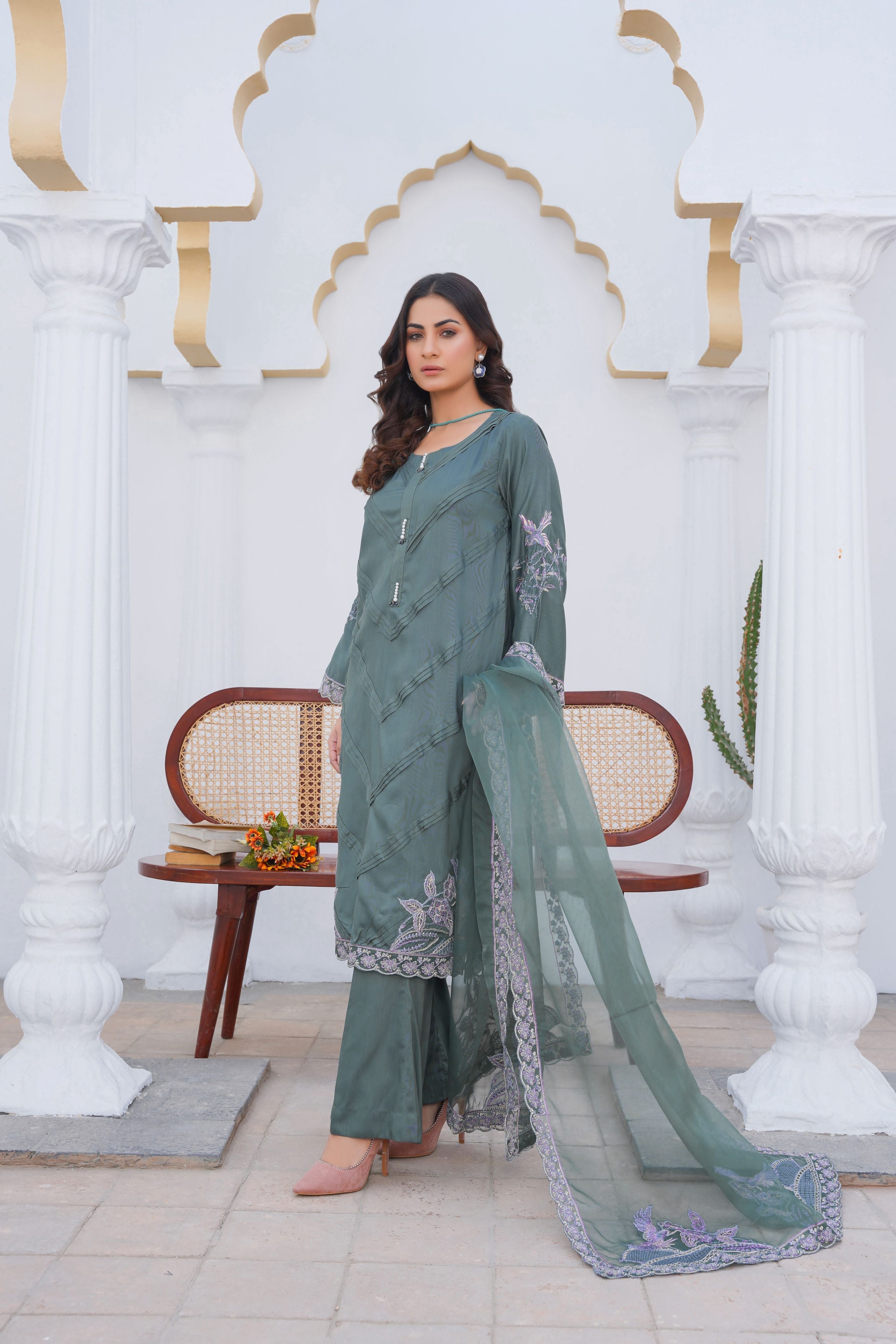 SAGE GREEN - PRET 3PC Embroidered Dress - Threads & Weaves