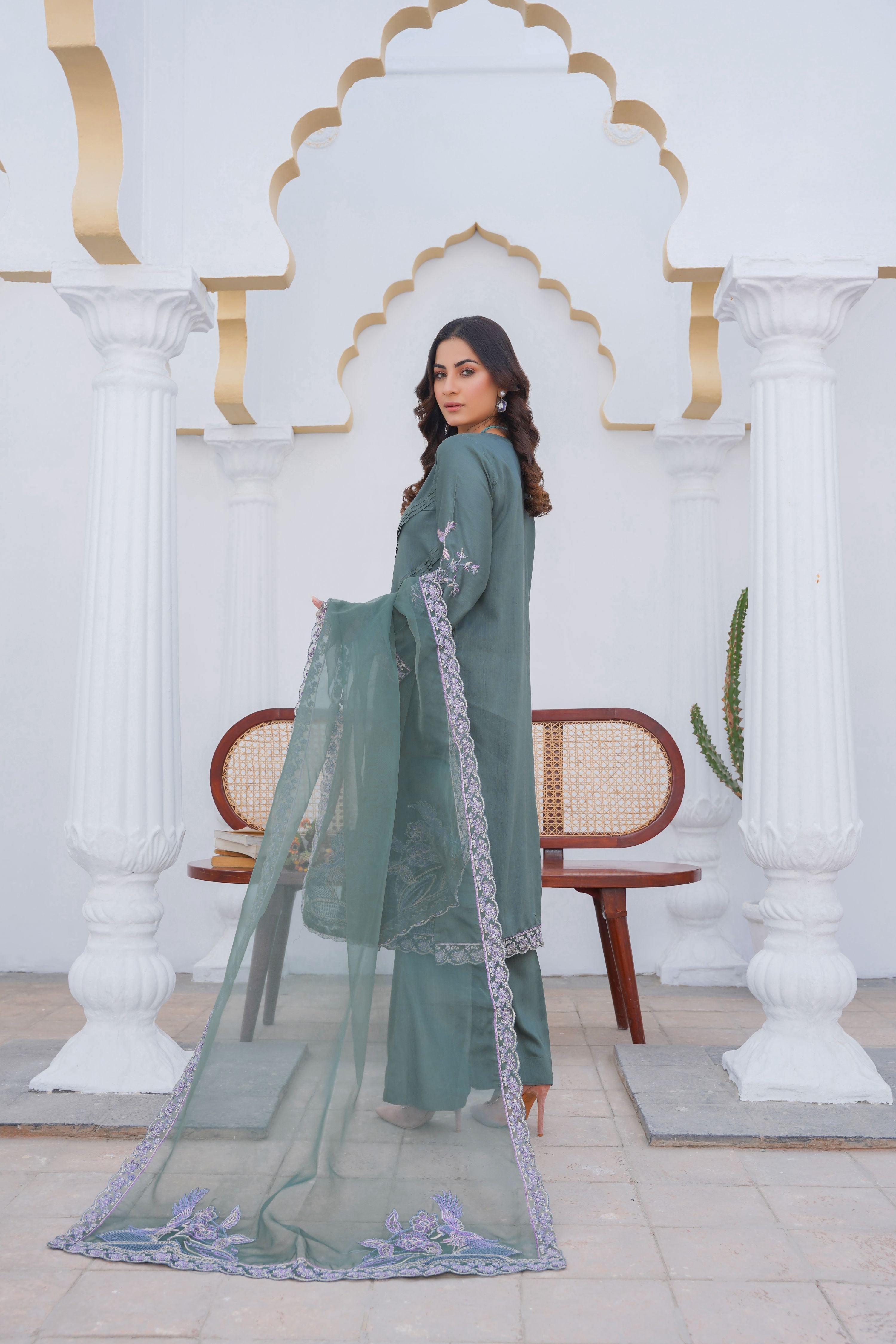 SAGE GREEN - PRET 3PC Embroidered Dress - Threads & Weaves