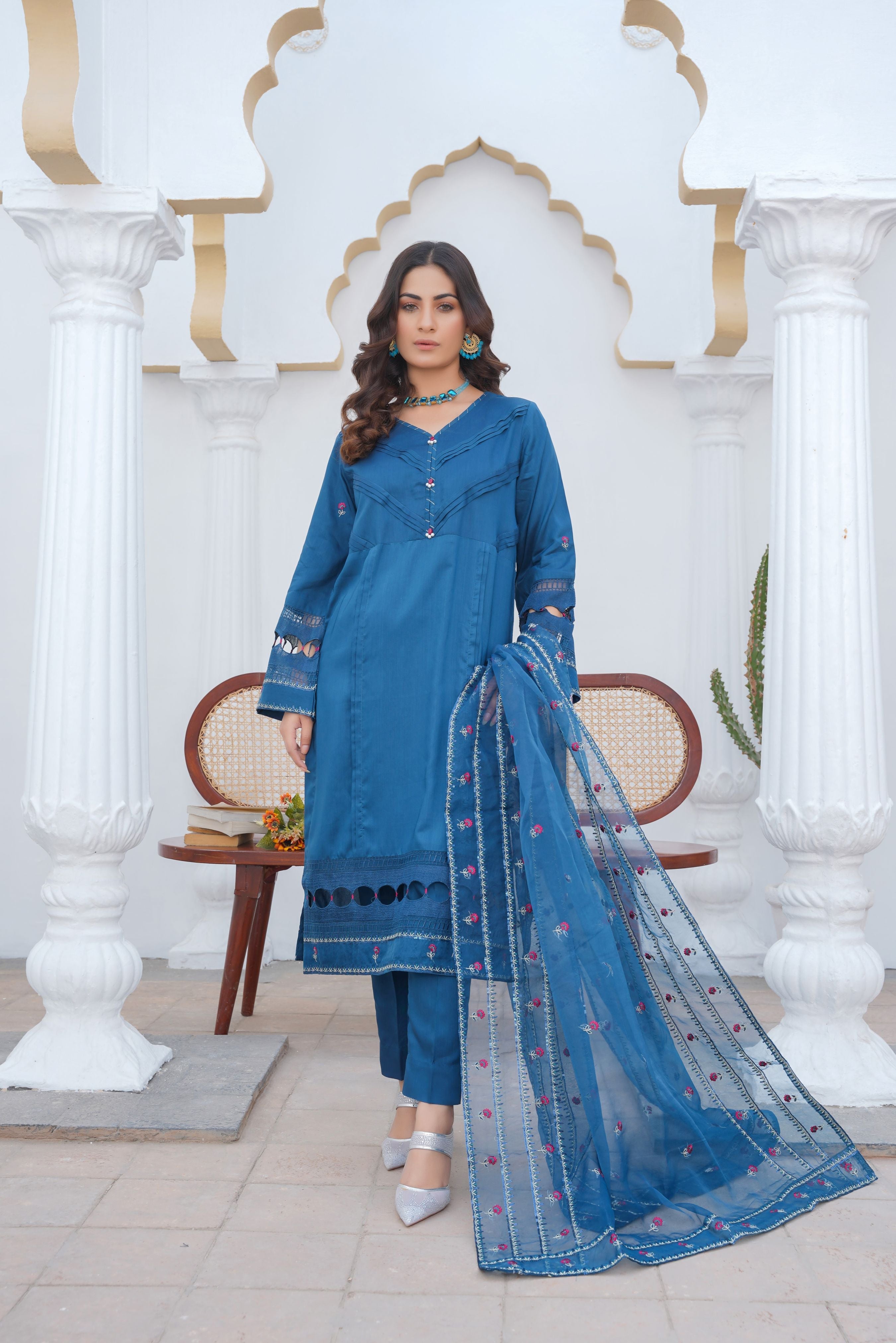 SAPPHIRE BLUE - PRET 3PC Embroidered Dress - Threads & Weaves
