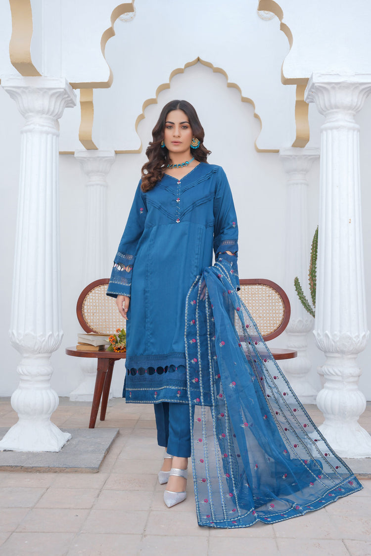SAPPHIRE BLUE - PRET 3PC Embroidered Dress - Threads & Weaves