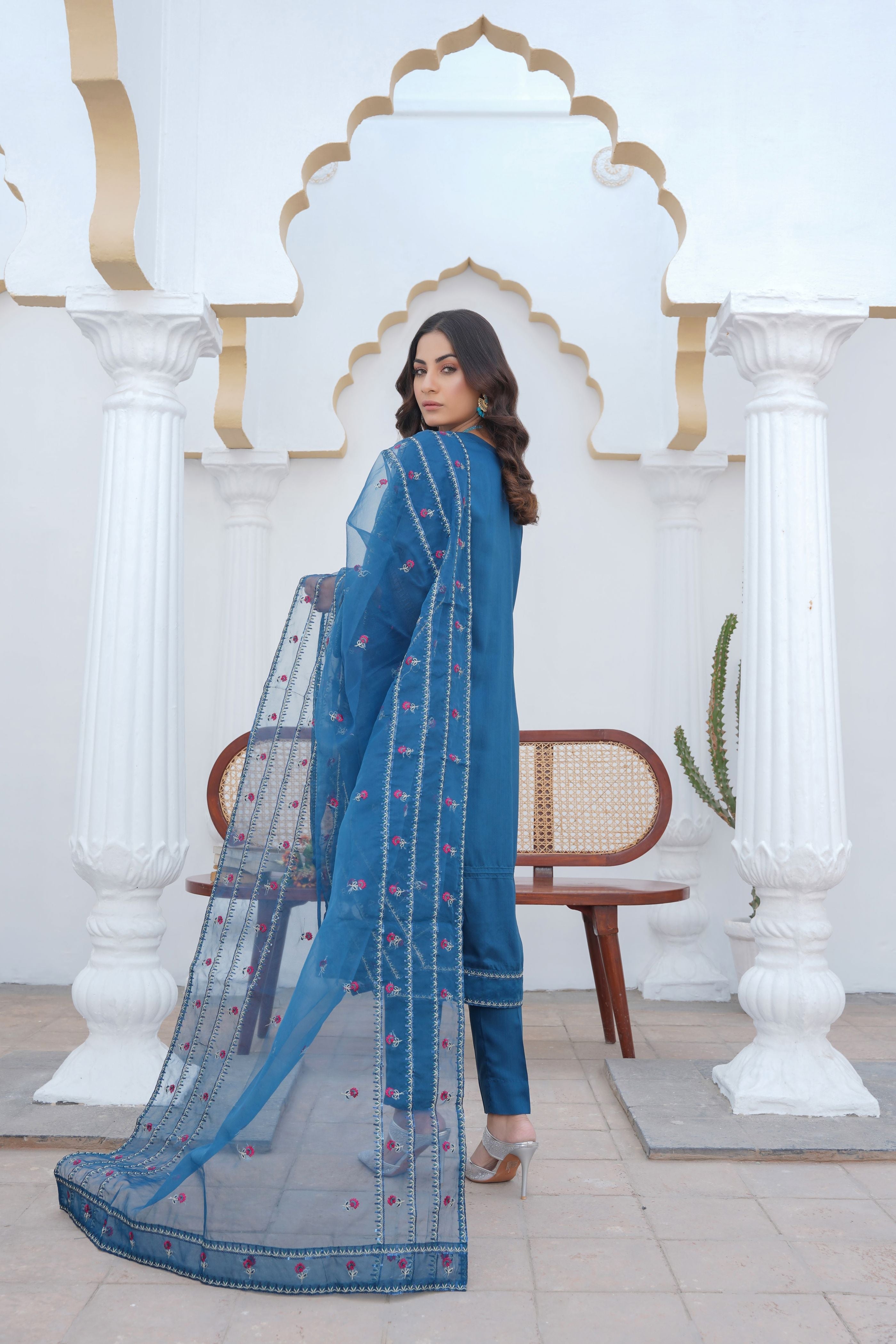 SAPPHIRE BLUE - PRET 3PC Embroidered Dress - Threads & Weaves
