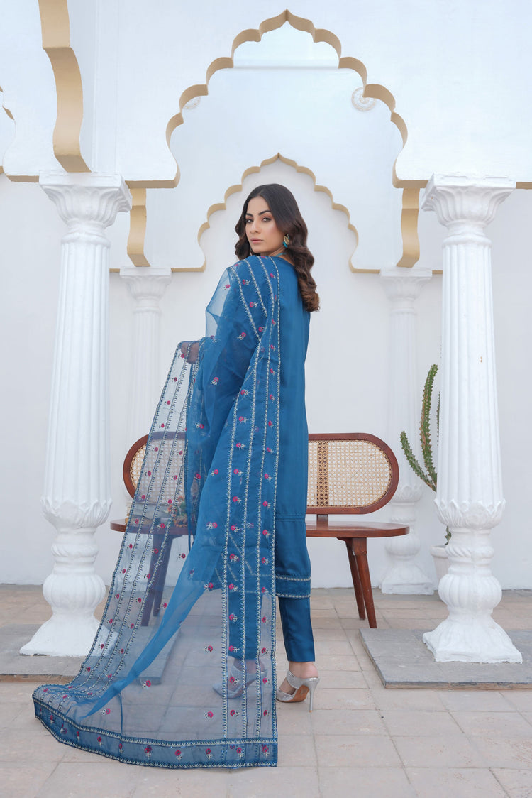 SAPPHIRE BLUE - PRET 3PC Embroidered Dress - Threads & Weaves