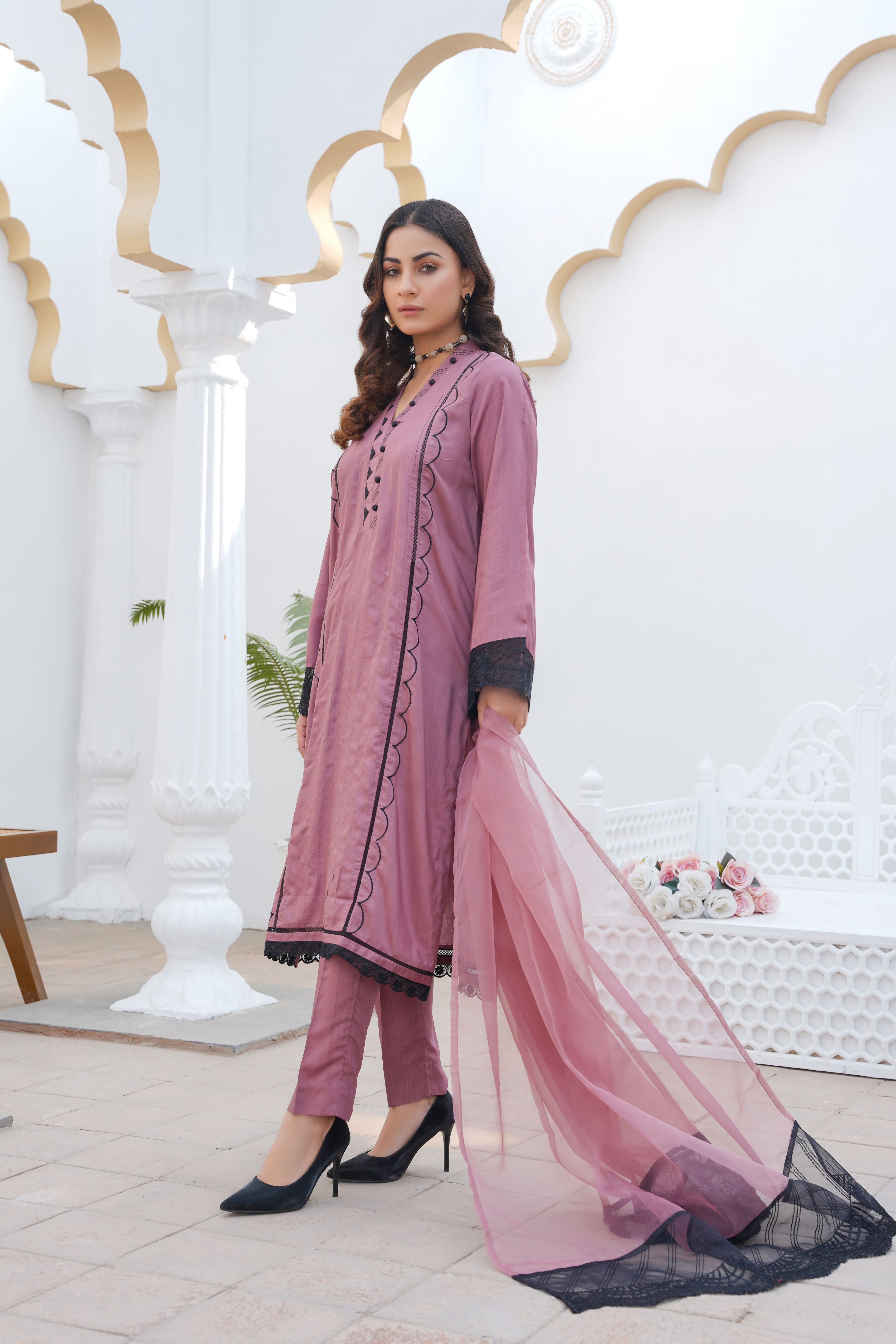 DUSTY PINK - PRET 3PC Embroidered Dress - Threads & Weaves