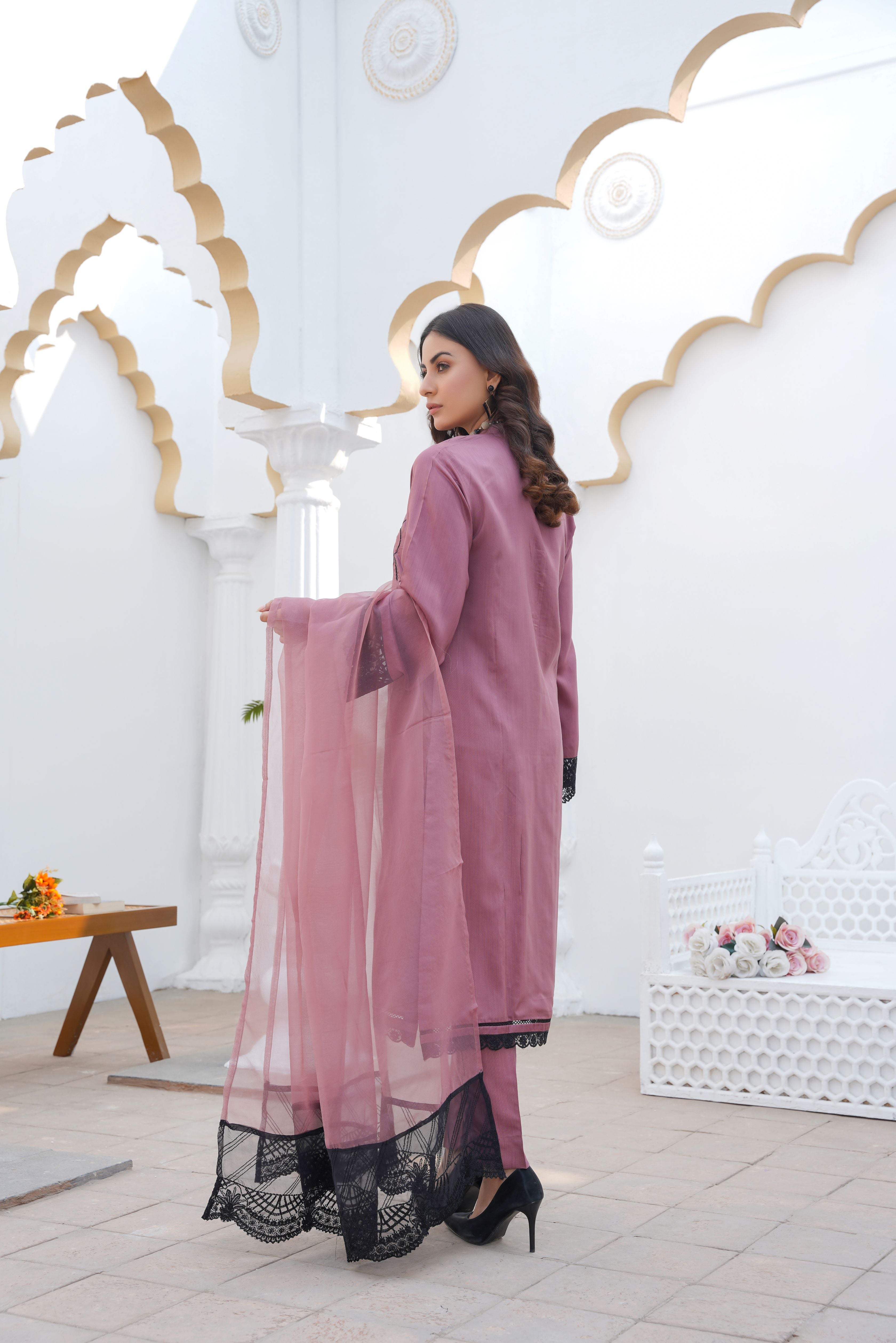 DUSTY PINK - PRET 3PC Embroidered Dress - Threads & Weaves