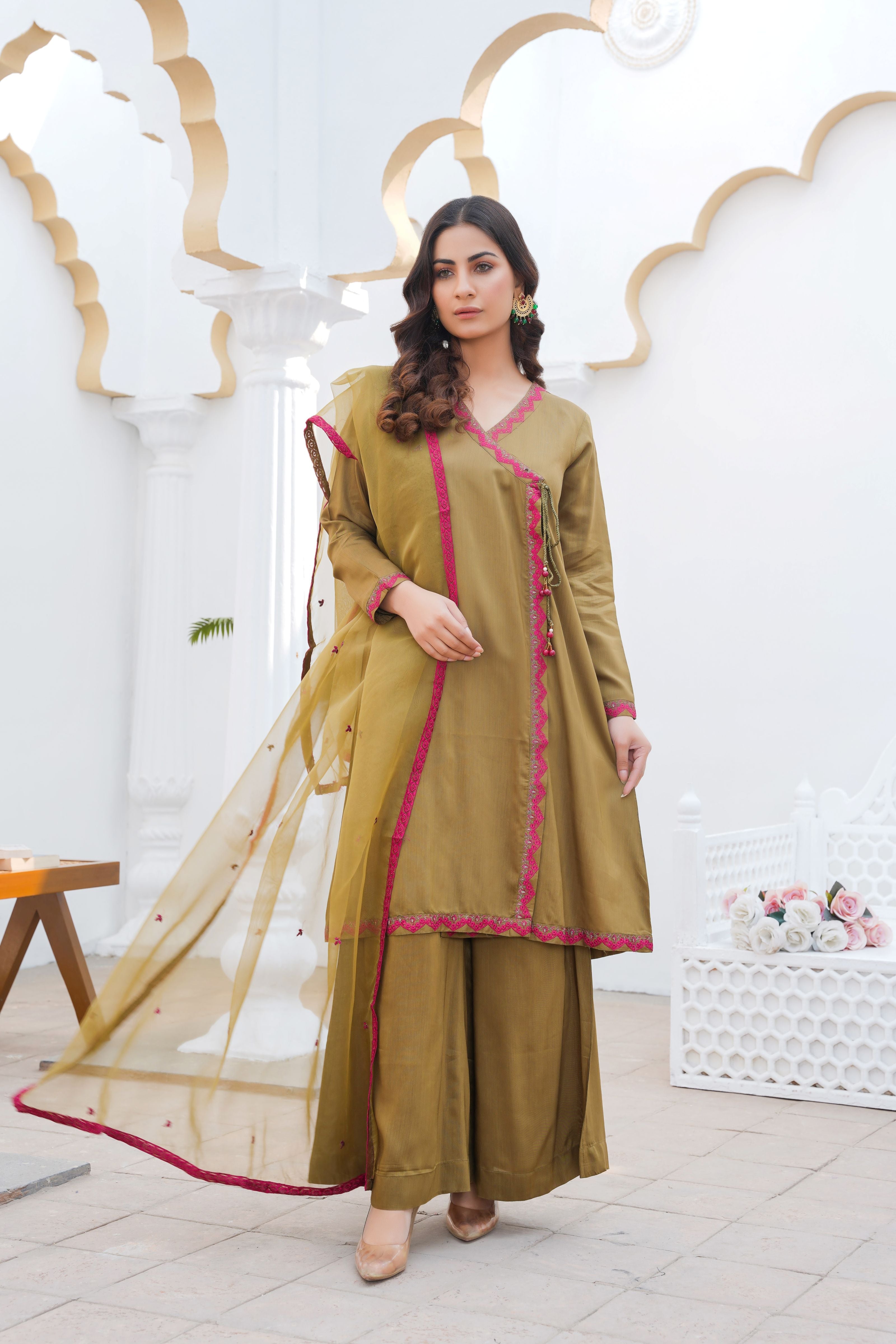Olive green pret embroidered dress 3-piece - ready to wear - Threads & Weaves