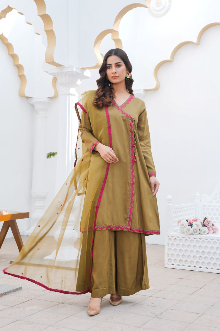 Olive green pret embroidered dress 3-piece - ready to wear - Threads & Weaves