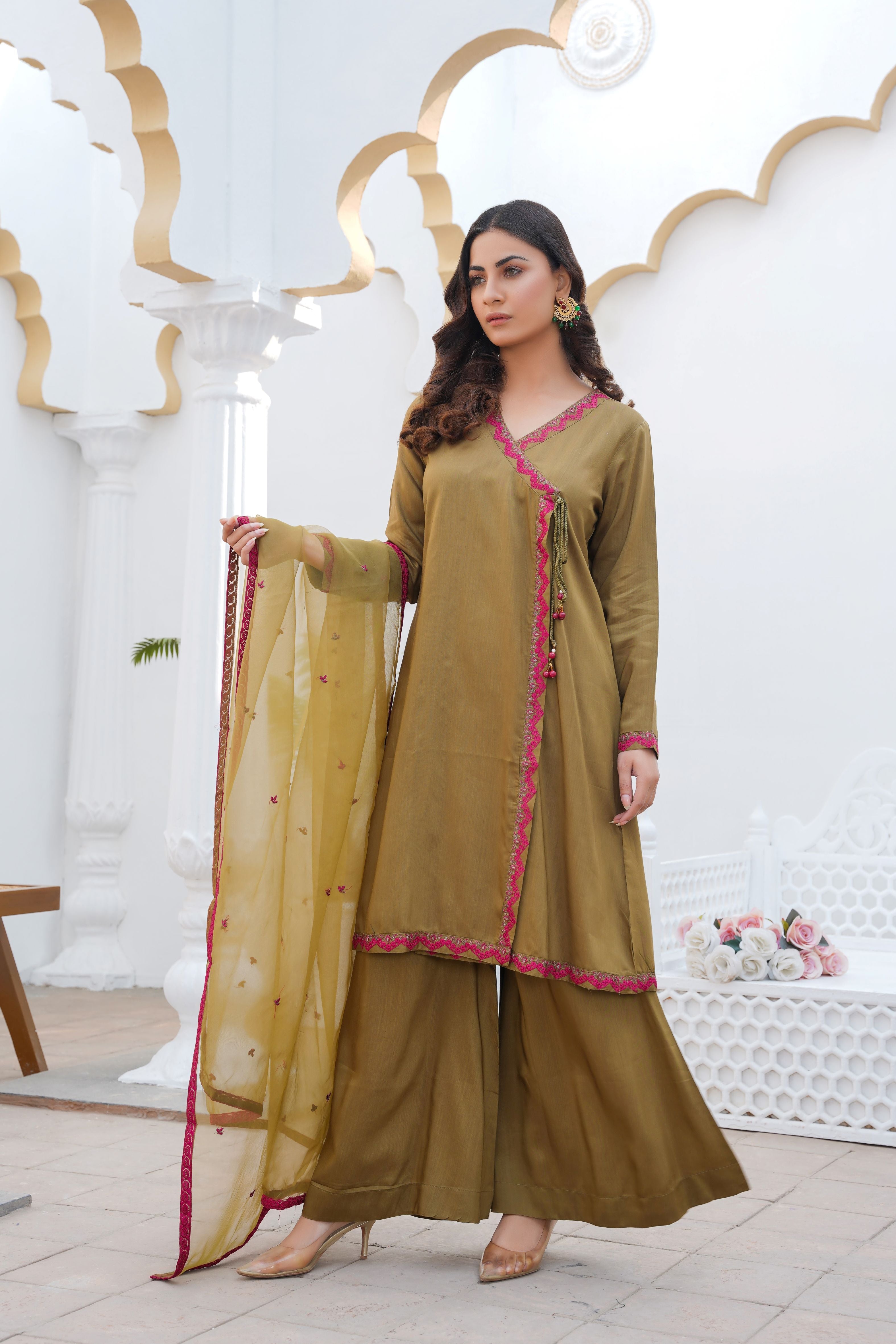OLIVE GREEN - PRET 3PC Embroidered Dress - Threads & Weaves